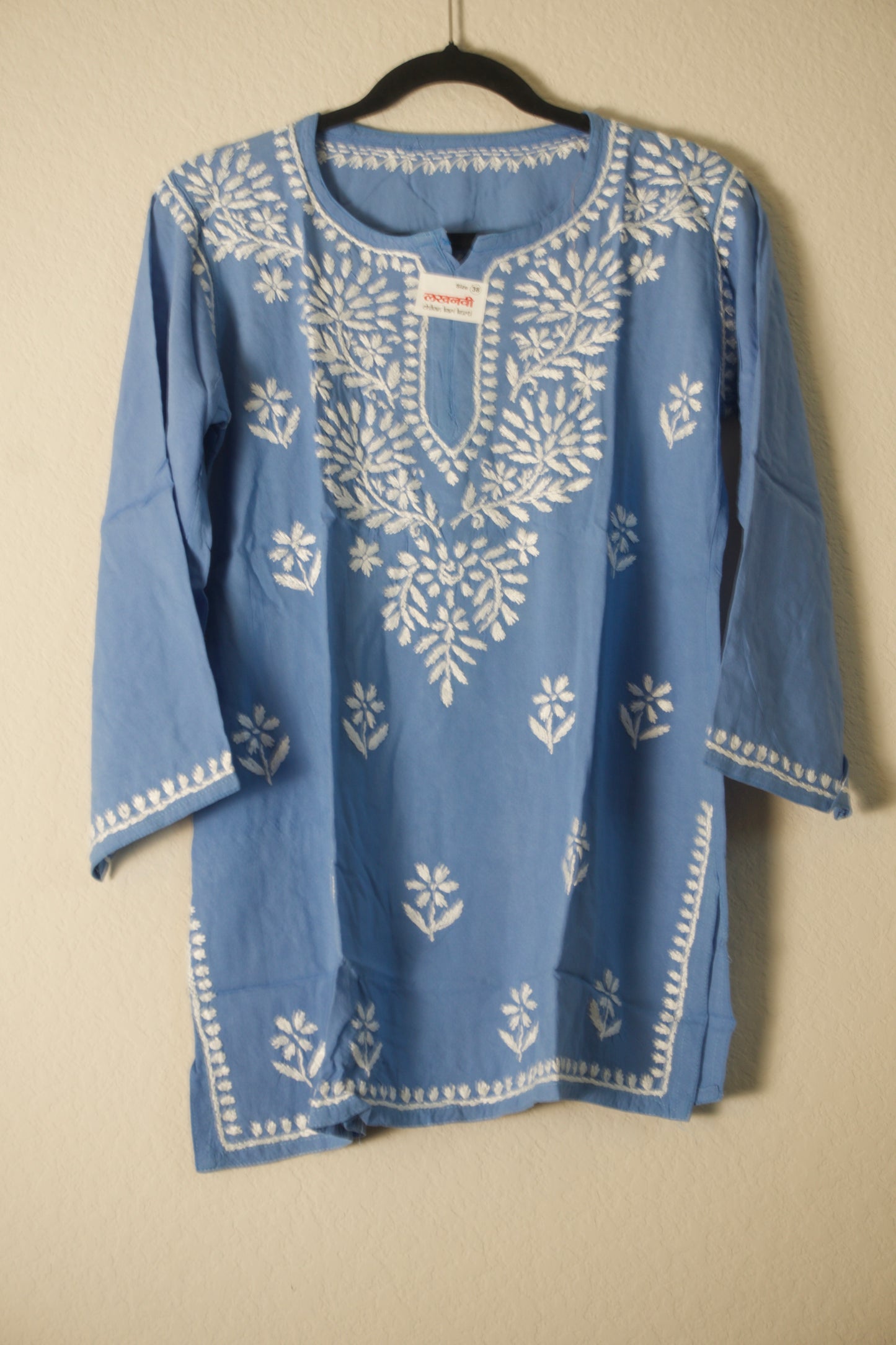 Powder Blue Rayon Chikankari Short Kurti