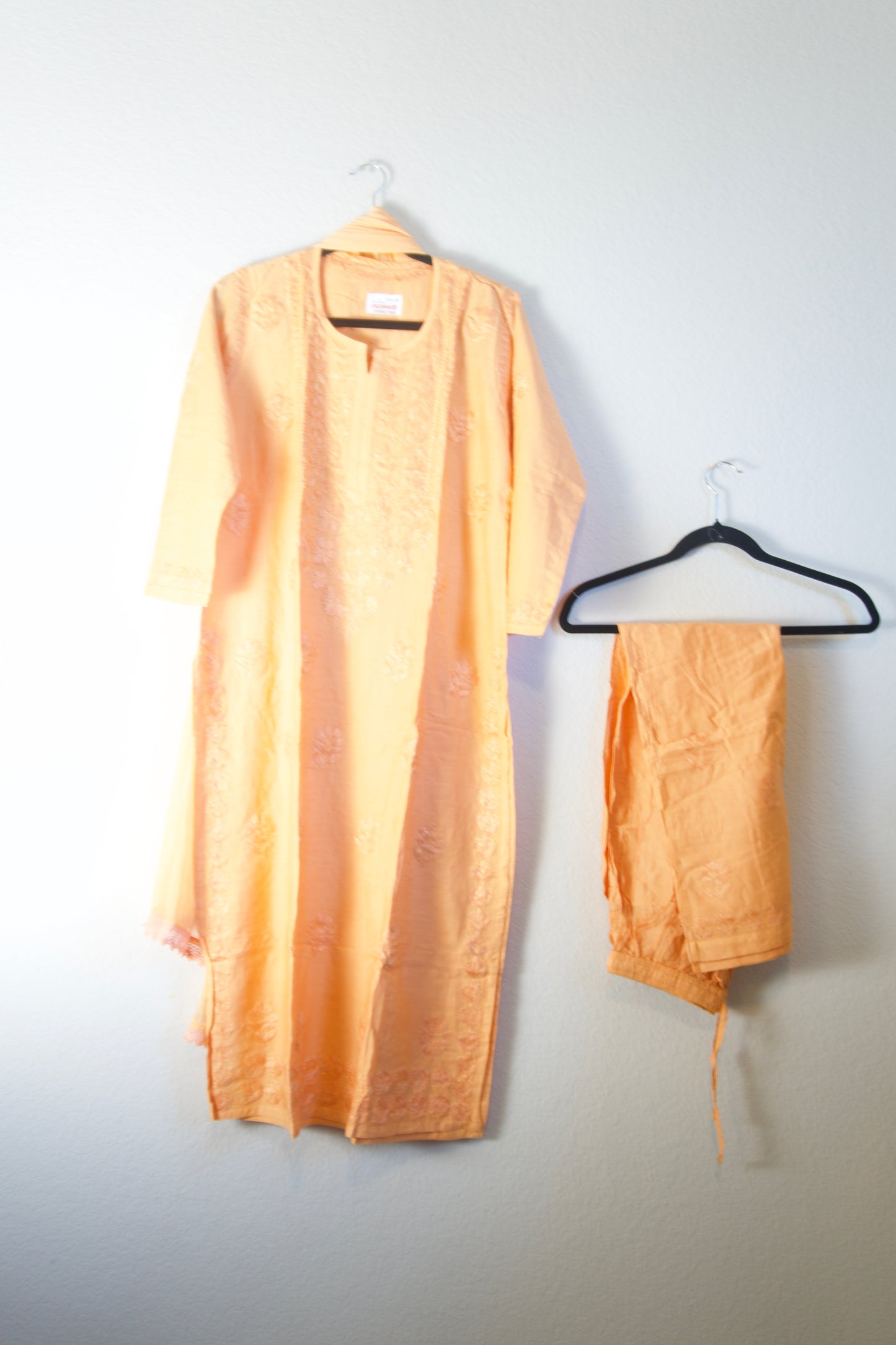 Peach Chikankari Chanderi 3 piece kurti set with chiffon lace dupatta