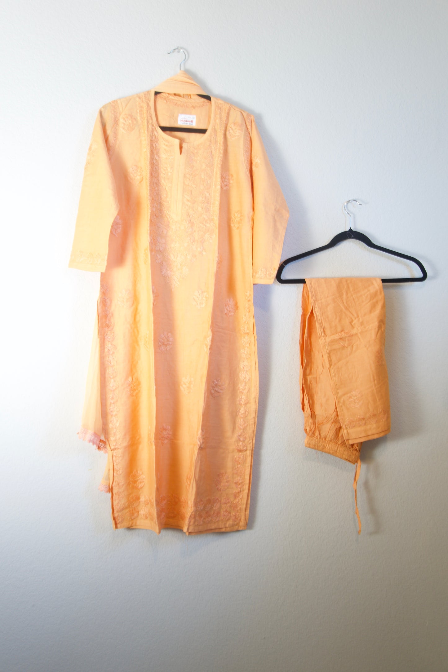 Peach Chikankari Chanderi 3 piece kurti set with chiffon lace dupatta