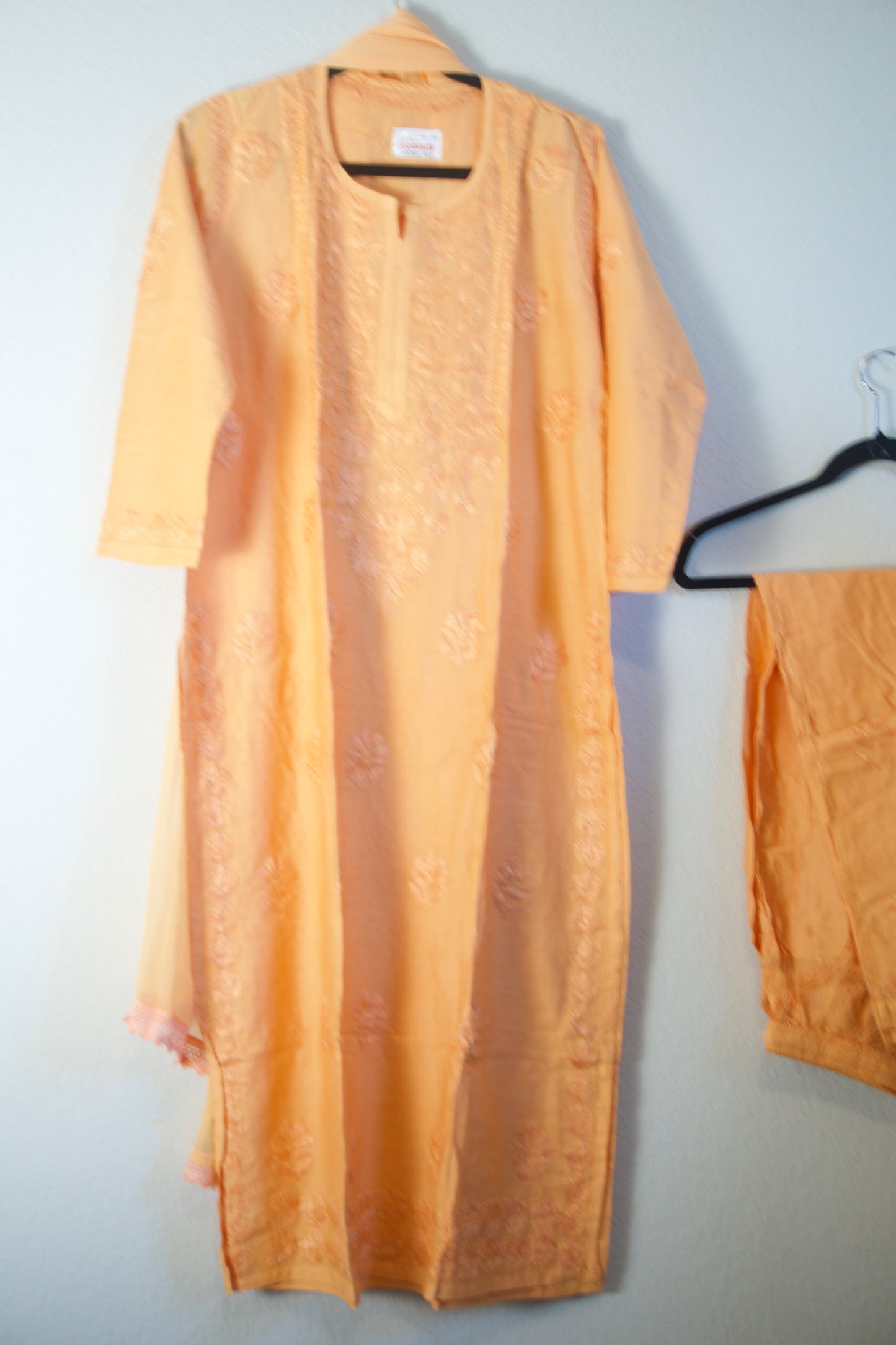 Peach Chikankari Chanderi 3 piece kurti set with chiffon lace dupatta