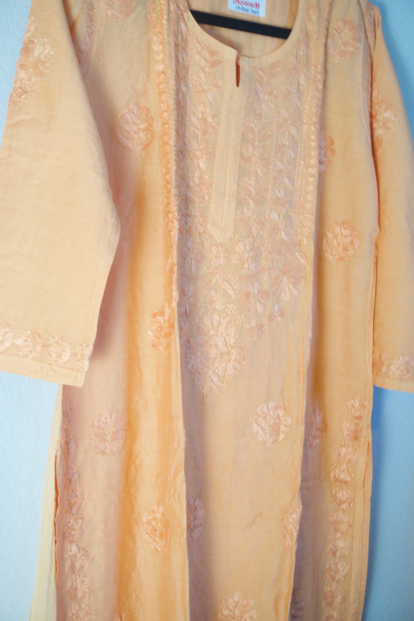 Peach Chikankari Chanderi 3 piece kurti set with chiffon lace dupatta