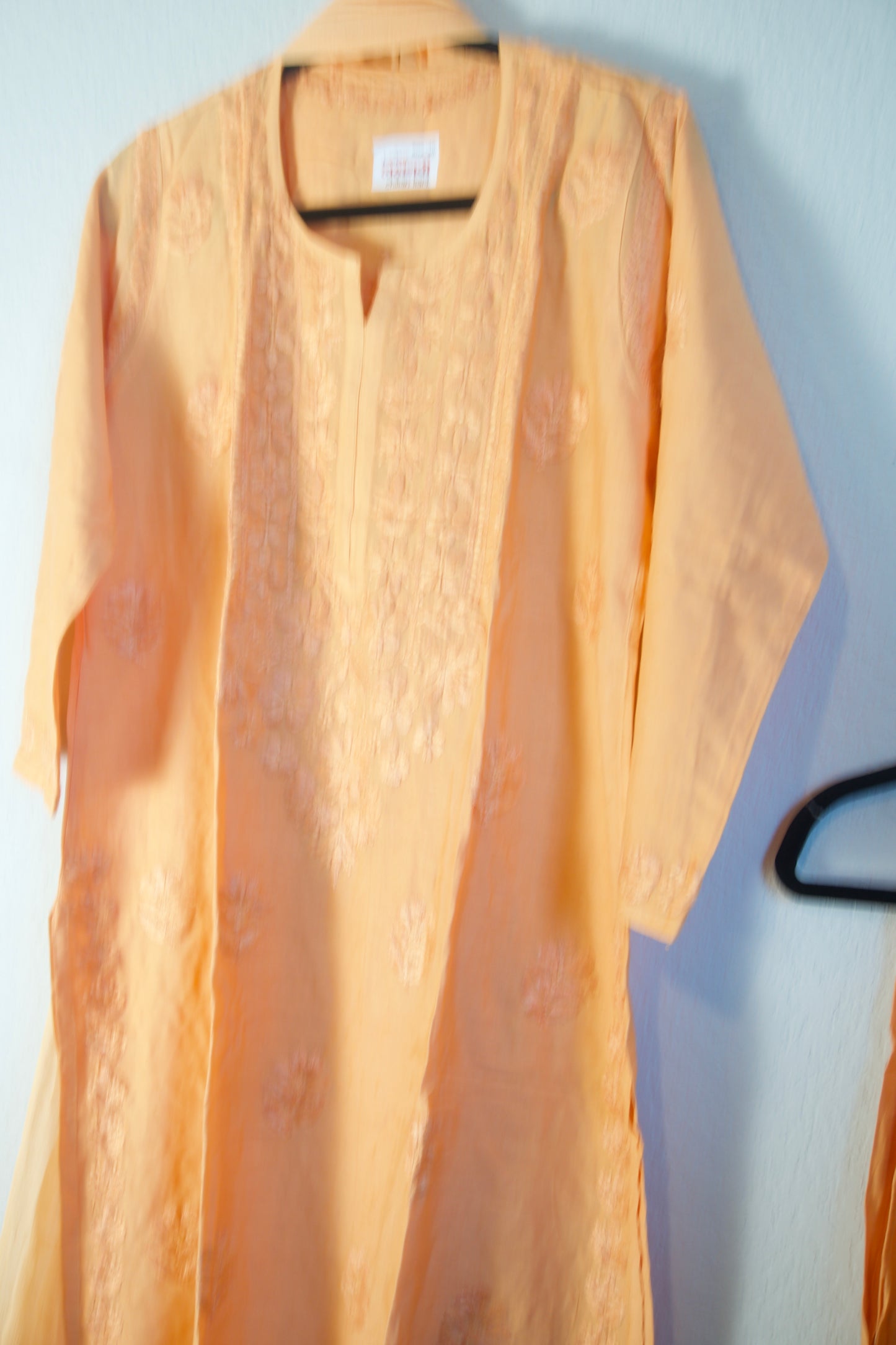 Peach Chikankari Chanderi 3 piece kurti set with chiffon lace dupatta