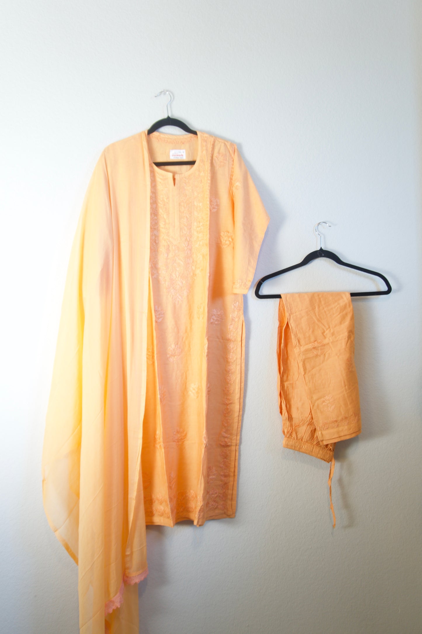 Peach Chikankari Chanderi 3 piece kurti set with chiffon lace dupatta