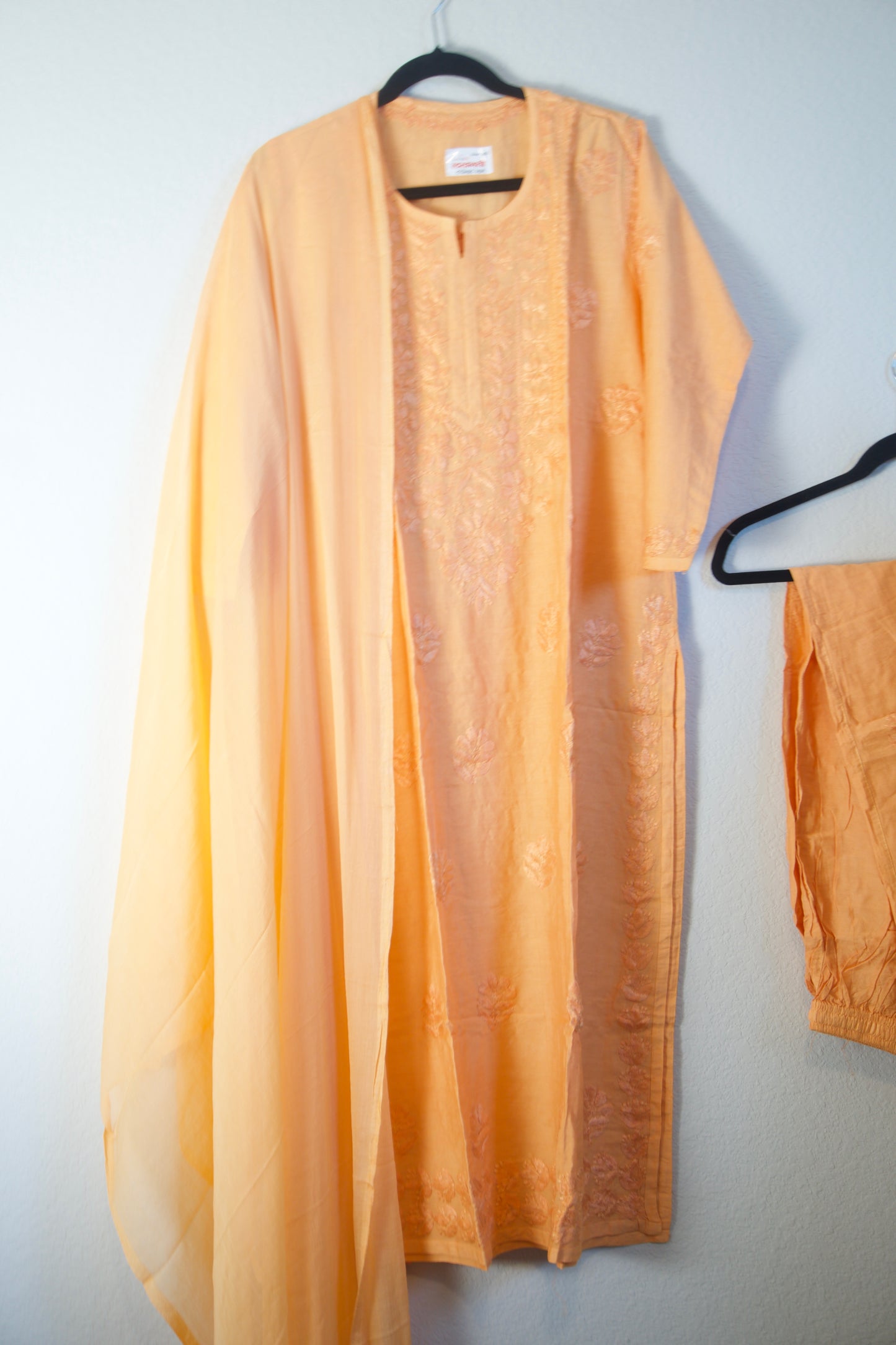 Peach Chikankari Chanderi 3 piece kurti set with chiffon lace dupatta
