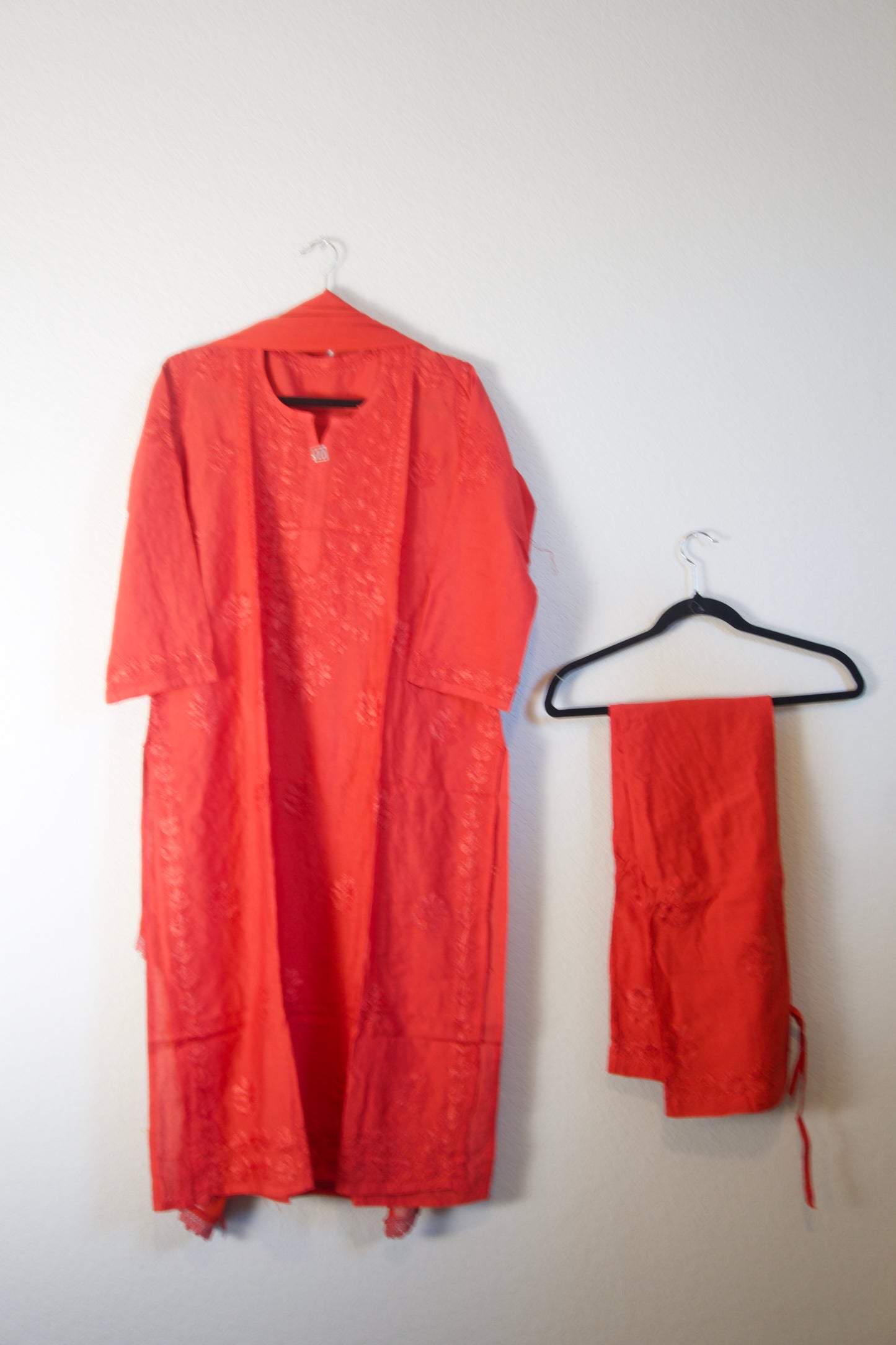 Red Chikankari Chanderi 3 piece kurti set with chiffon lace dupatta