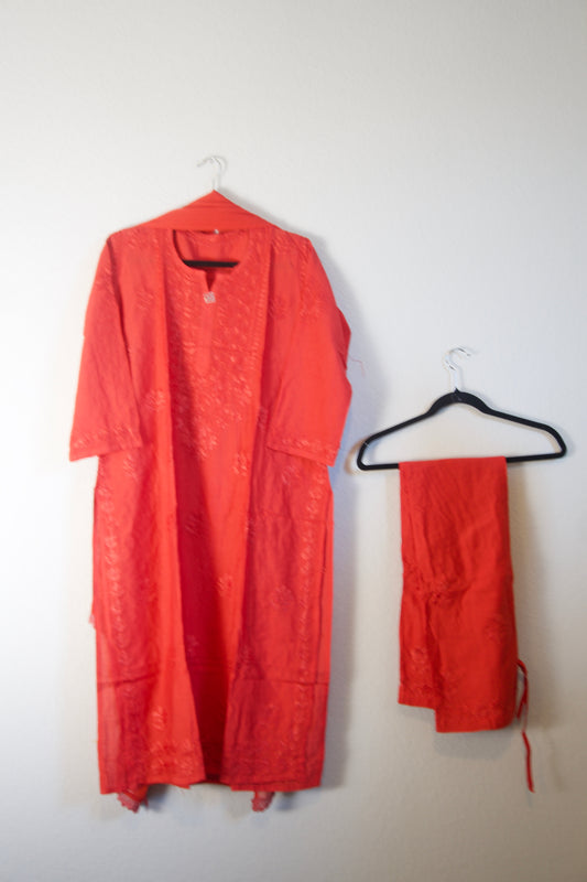 Red Chikankari Chanderi 3 piece kurti set with chiffon lace dupatta