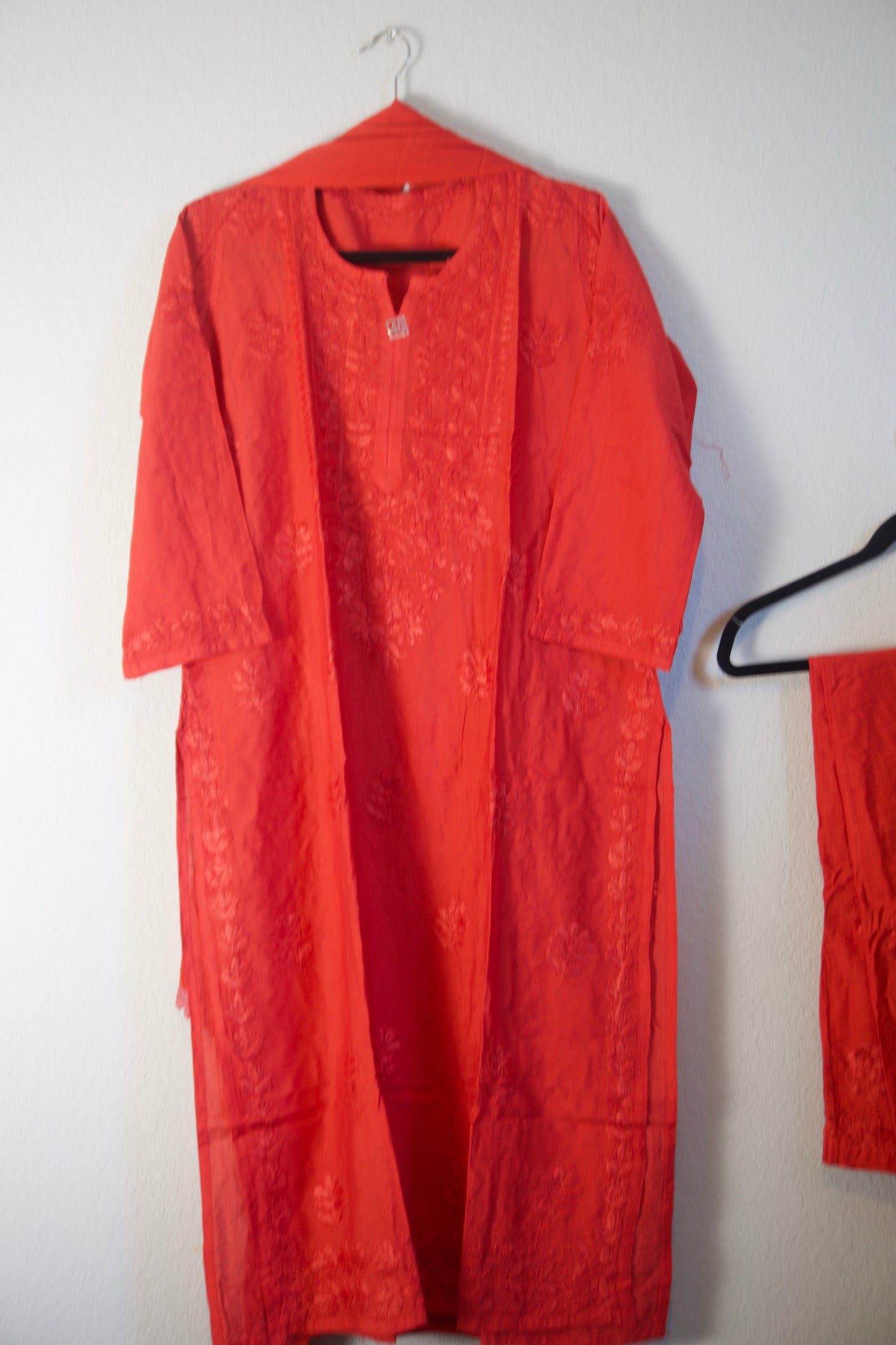 Red Chikankari Chanderi 3 piece kurti set with chiffon lace dupatta
