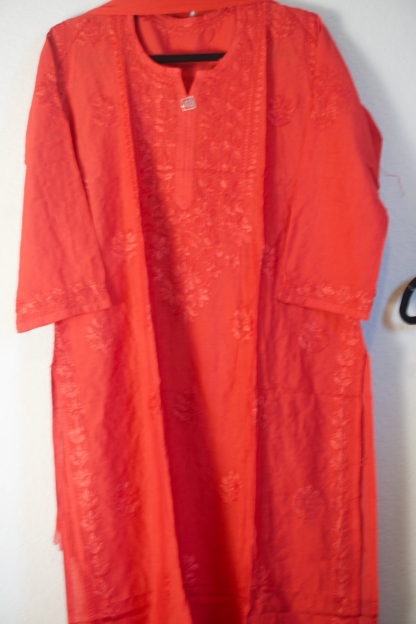 Red Chikankari Chanderi 3 piece kurti set with chiffon lace dupatta