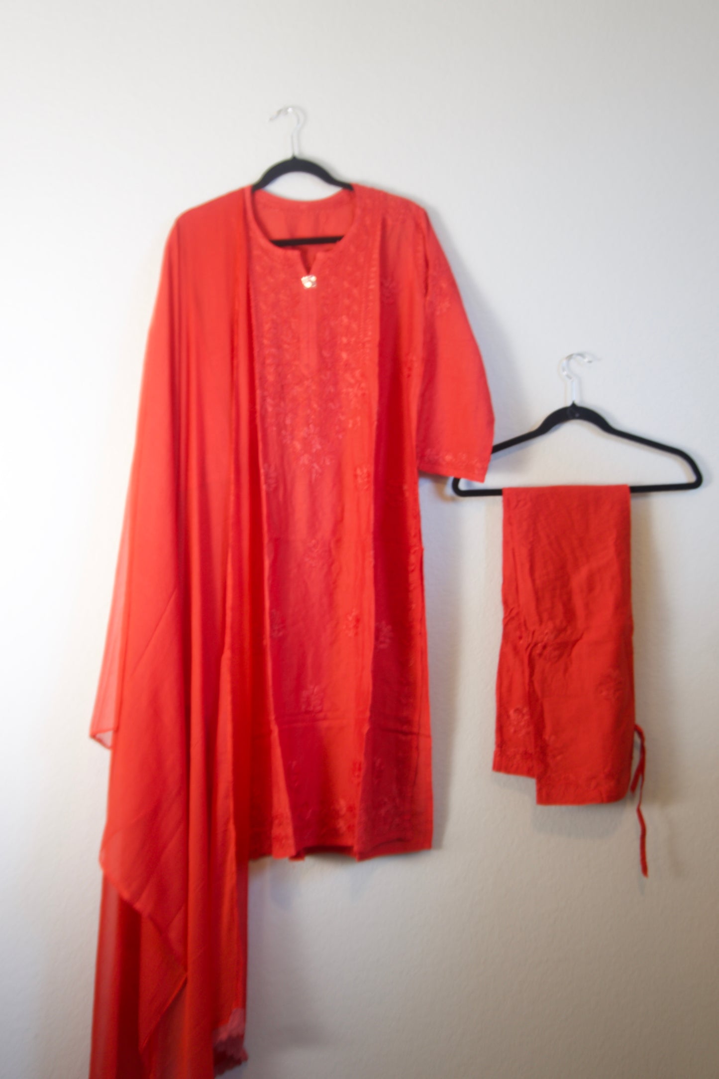 Red Chikankari Chanderi 3 piece kurti set with chiffon lace dupatta