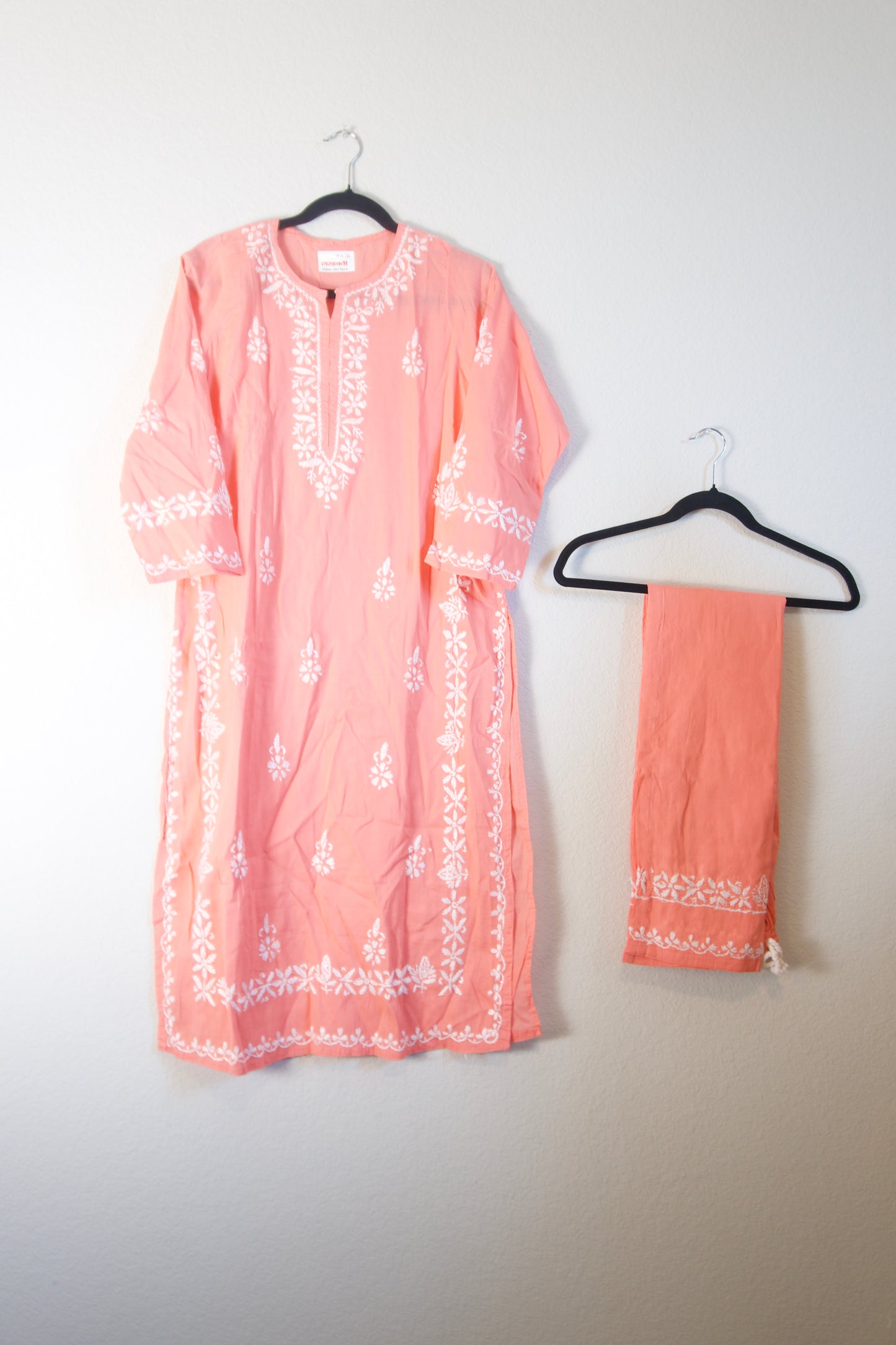 Peach Cotton Chikankari Coord Set - Top with Palazzo