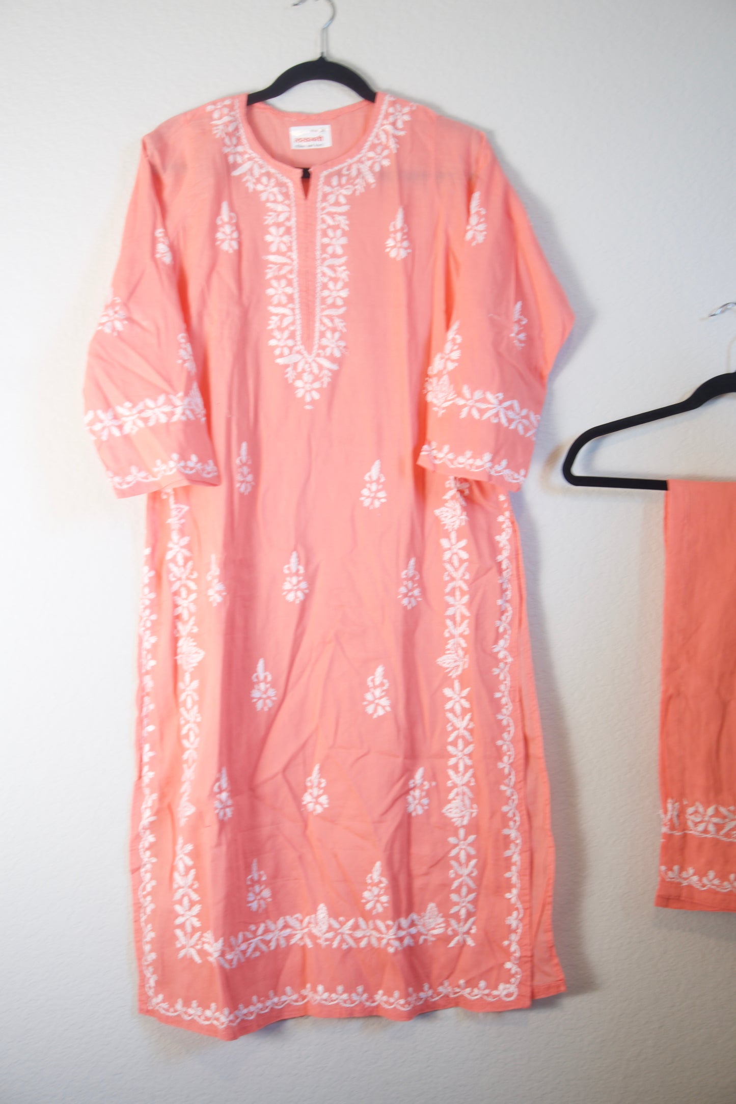 Peach Cotton Chikankari Coord Set - Top with Palazzo