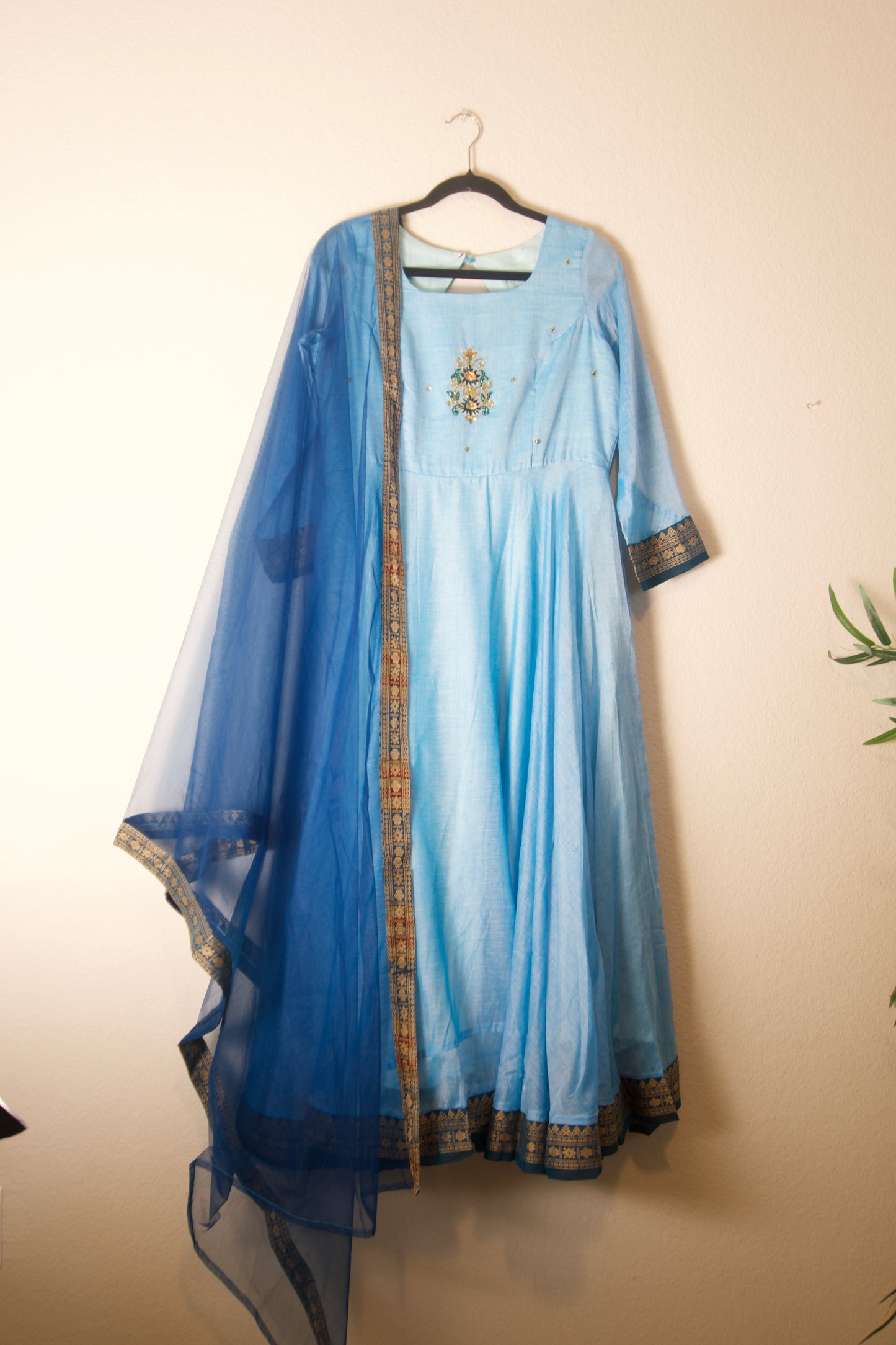 Sky Blue Narayanpet Maggam Work Anarkali with Dupatta