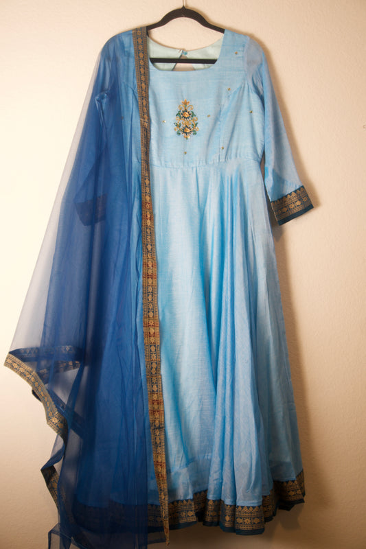 Sky Blue Narayanpet Maggam Work Anarkali with Dupatta