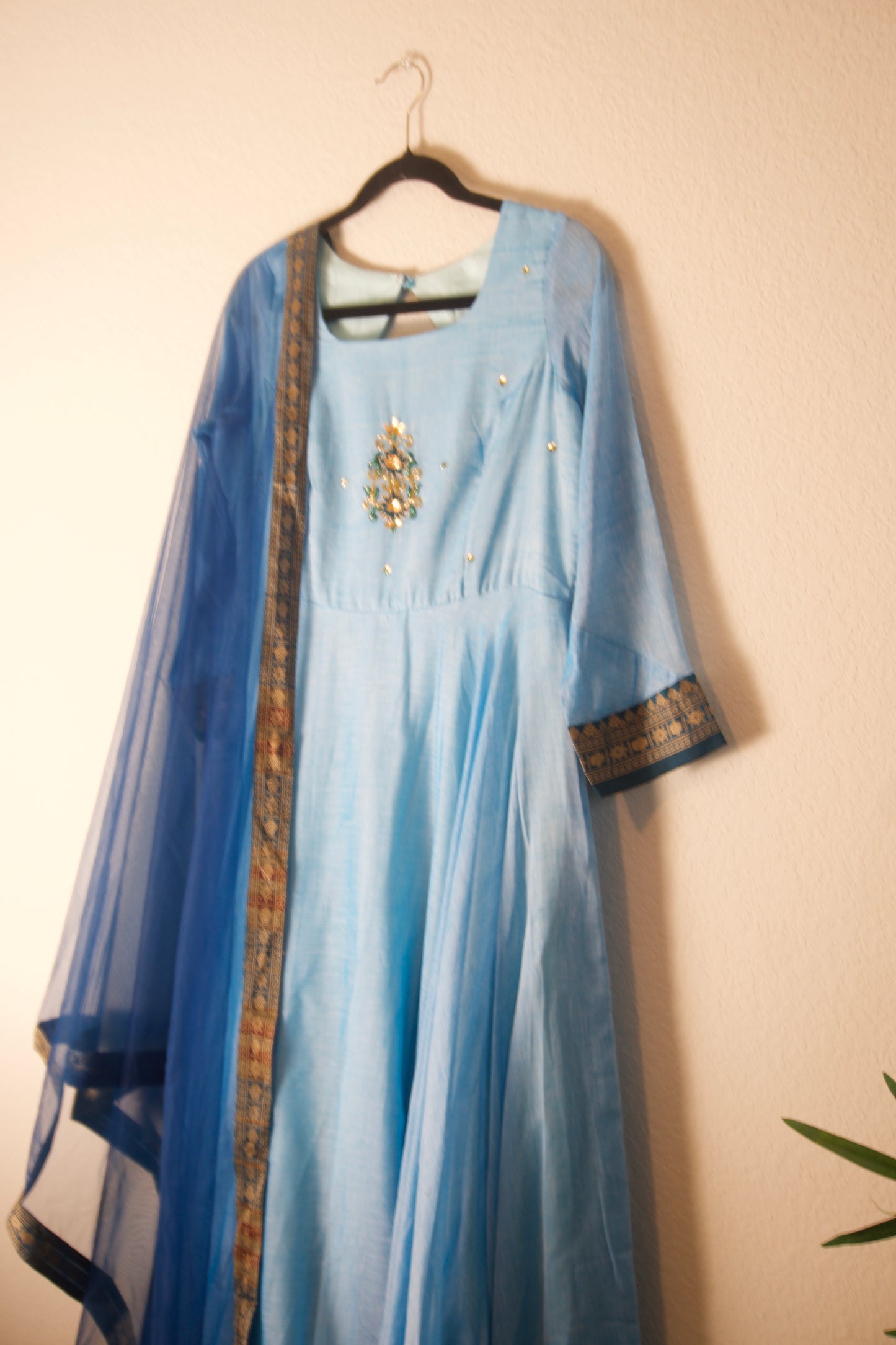 Sky Blue Narayanpet Maggam Work Anarkali with Dupatta