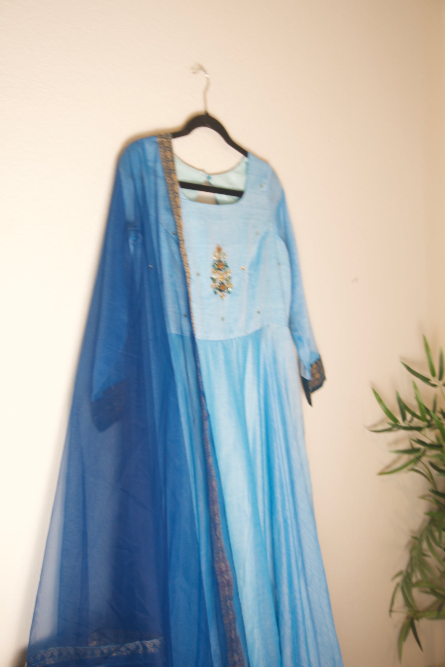 Sky Blue Narayanpet Maggam Work Anarkali with Dupatta