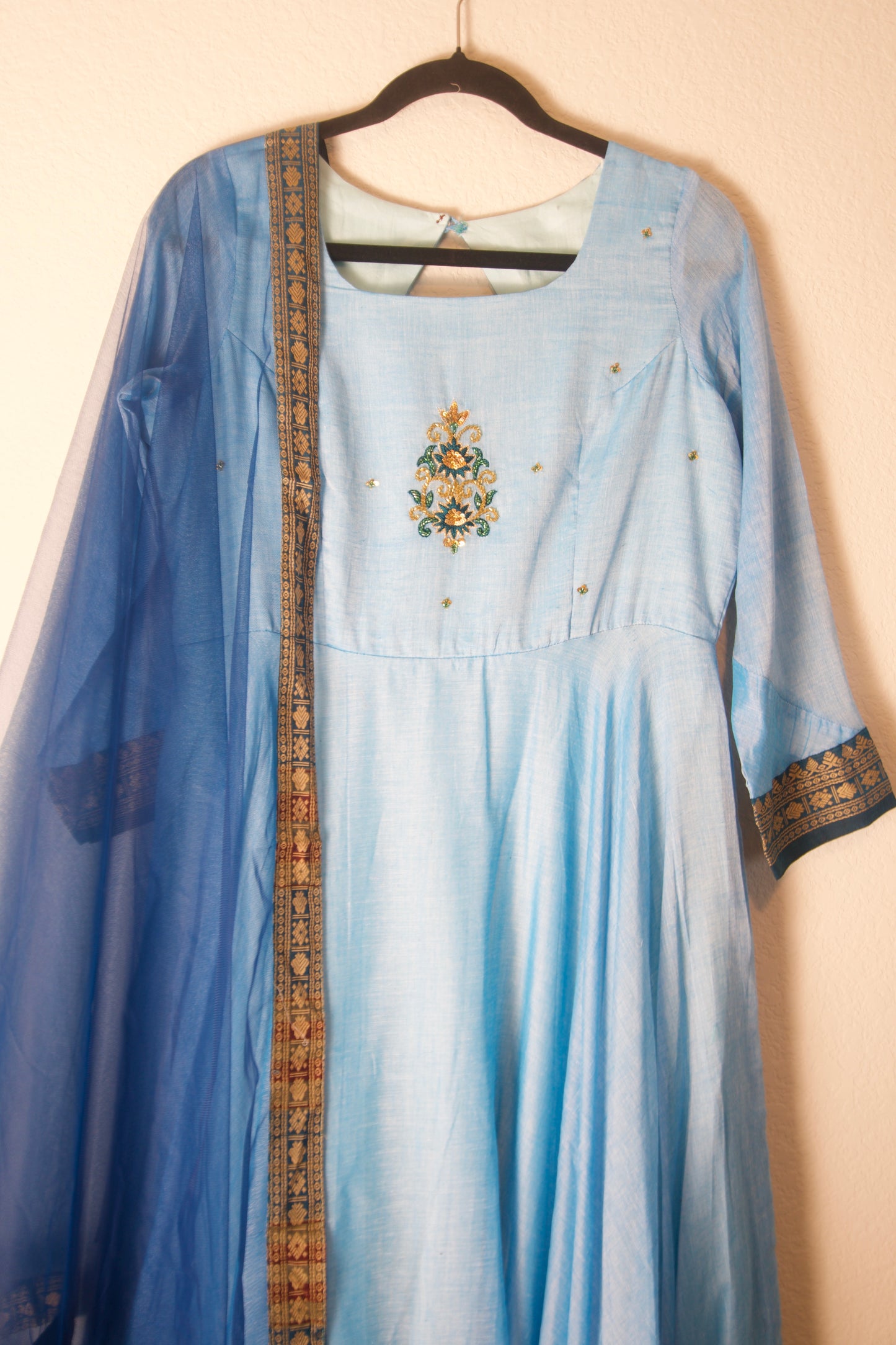 Sky Blue Narayanpet Maggam Work Anarkali with Dupatta