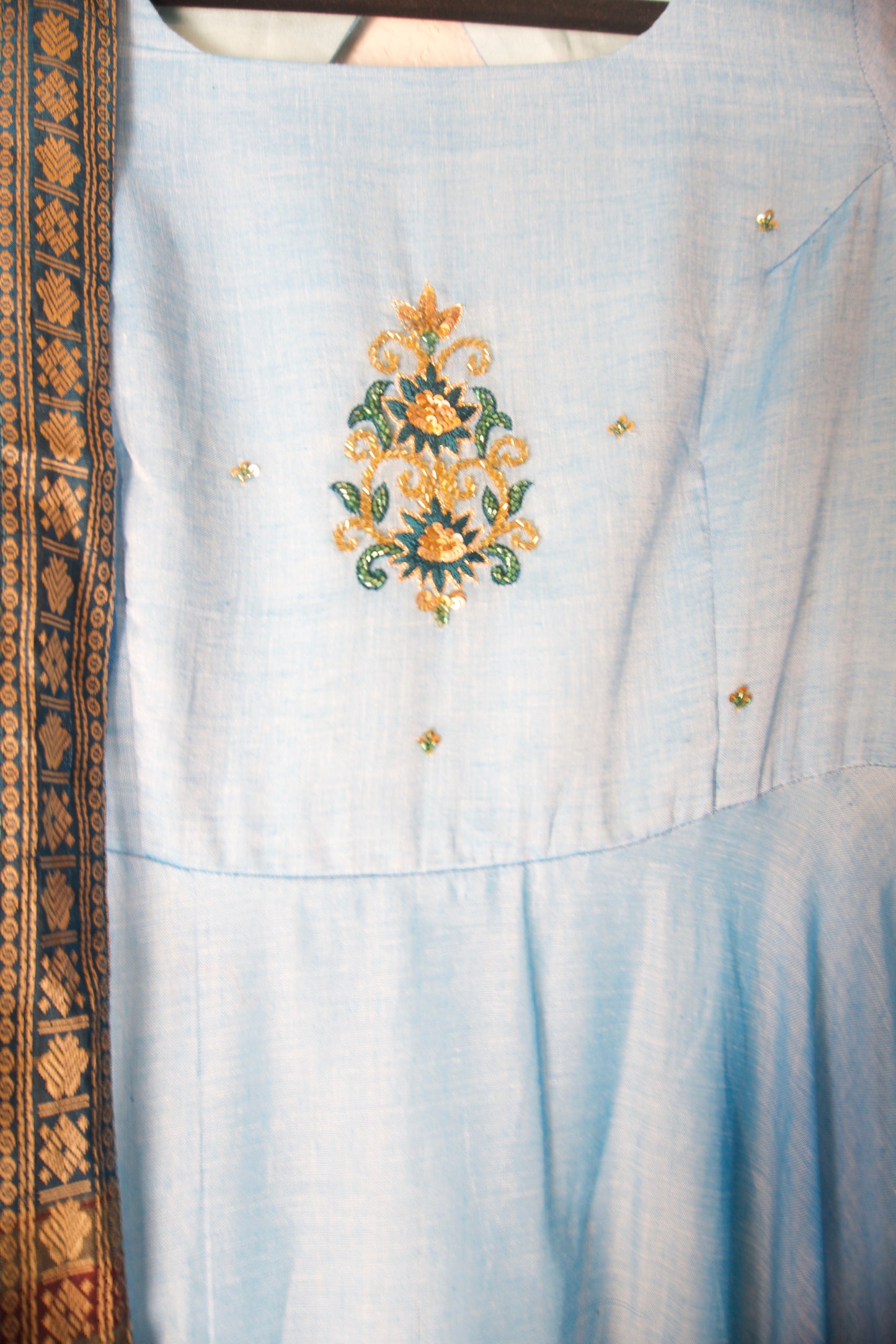 Sky Blue Narayanpet Maggam Work Anarkali with Dupatta