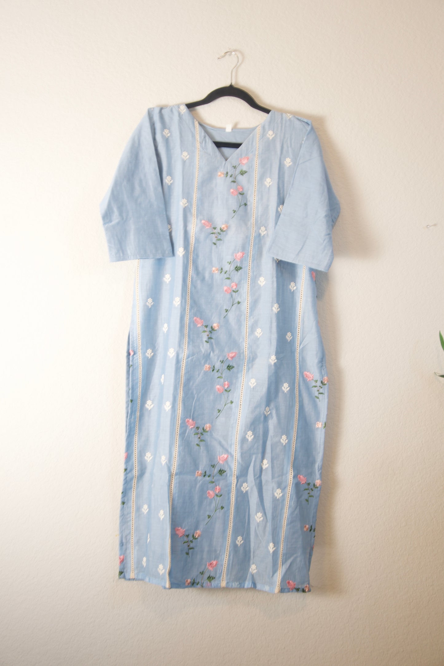 Powder Blue Mul Chanderi Straight Cut Kurti