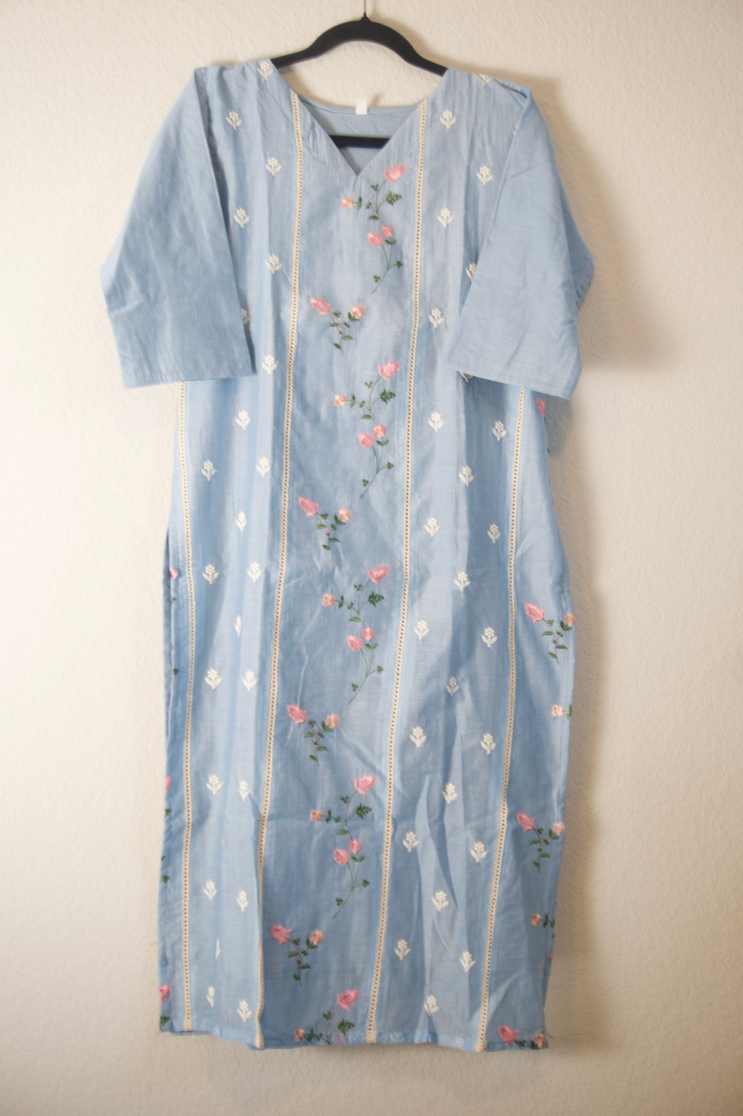 Powder Blue Mul Chanderi Straight Cut Kurti