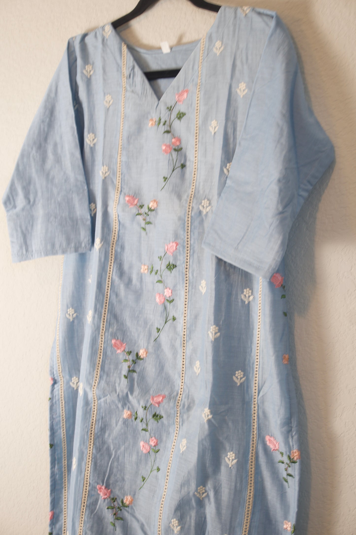 Powder Blue Mul Chanderi Straight Cut Kurti