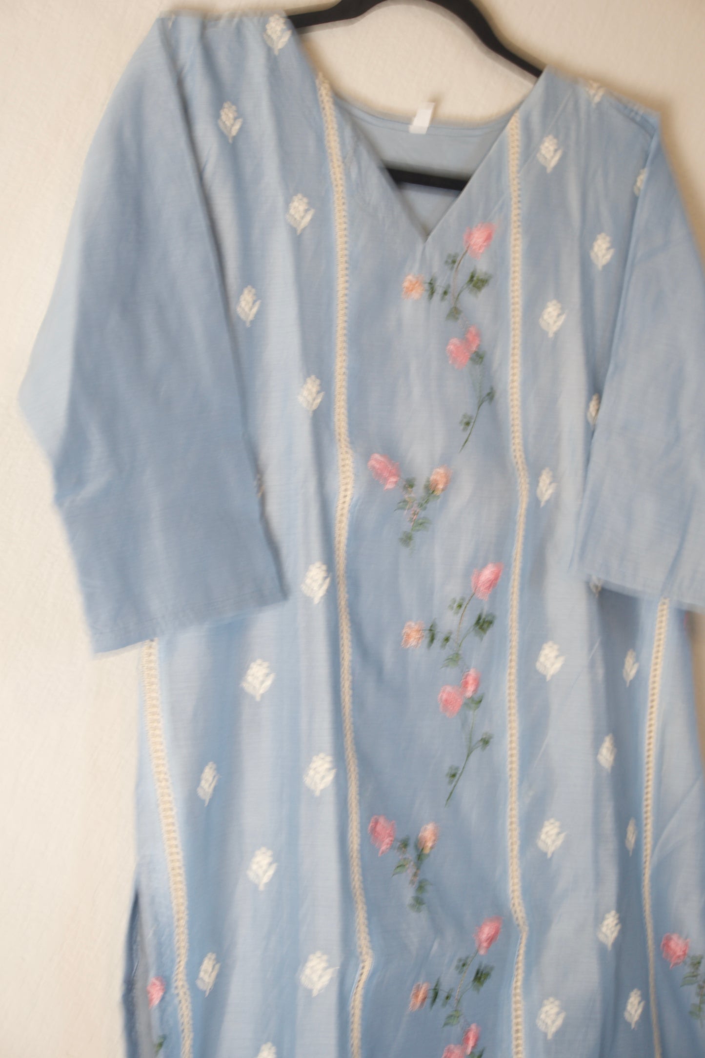 Powder Blue Mul Chanderi Straight Cut Kurti