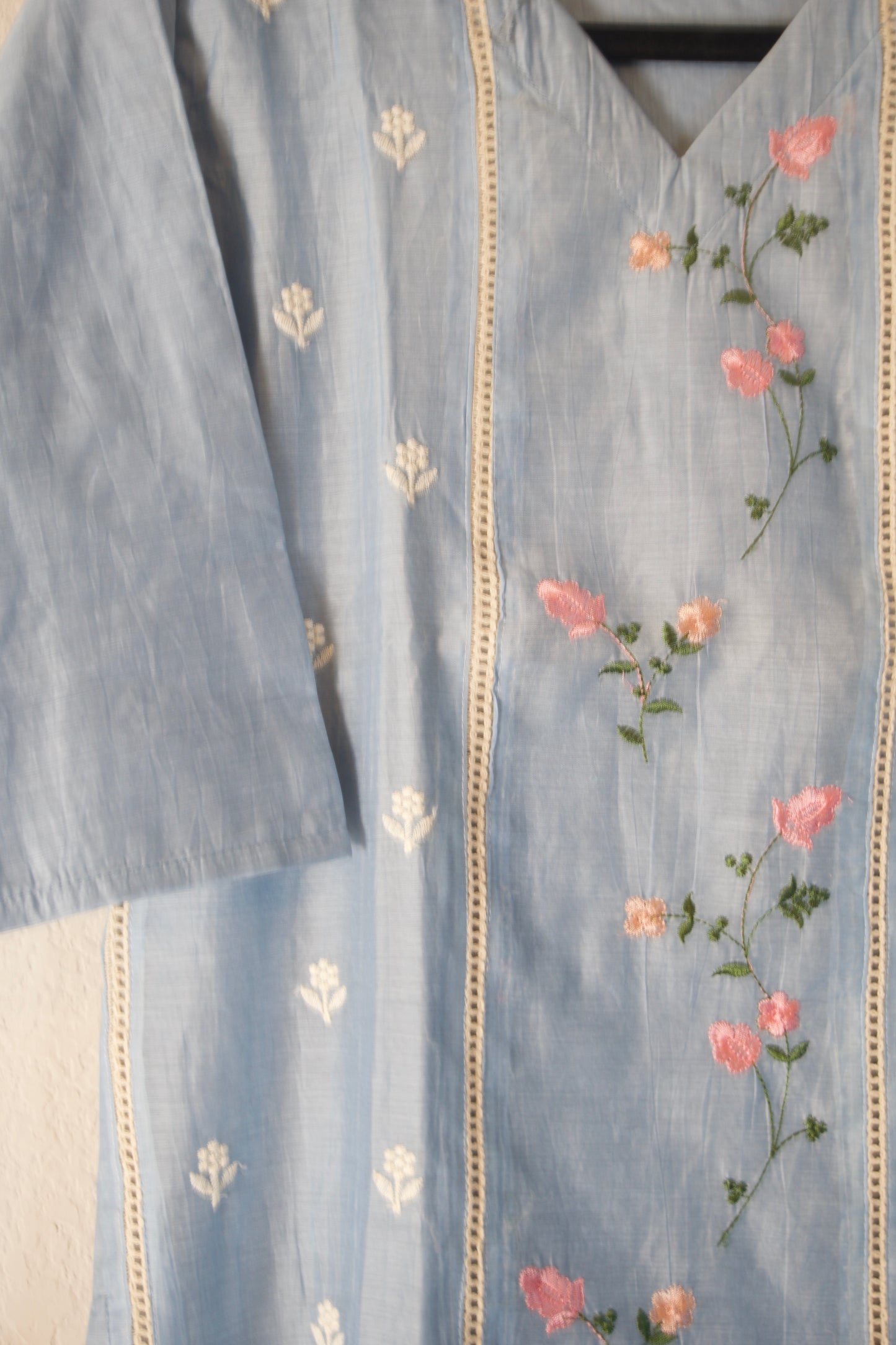 Powder Blue Mul Chanderi Straight Cut Kurti