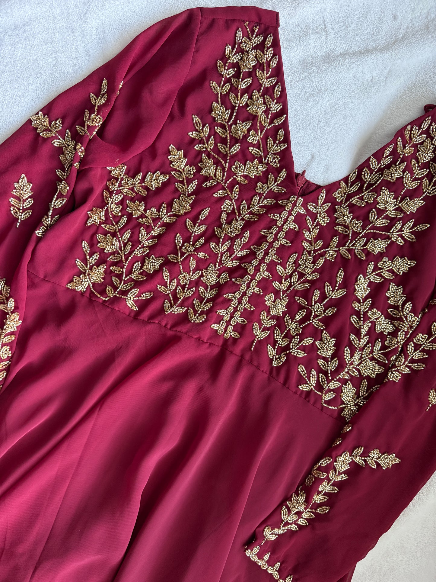 Maroon maggam work georgette heavy flare full sleeve anarkali tunic
