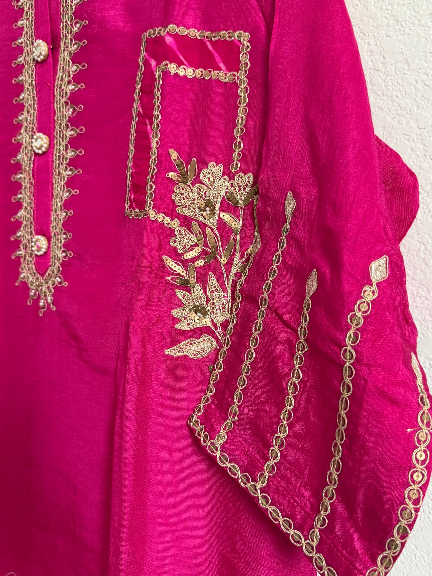 Pink Dola Silk Heavy Work Straight Cut Kurti Set with Leheriya Dupatta