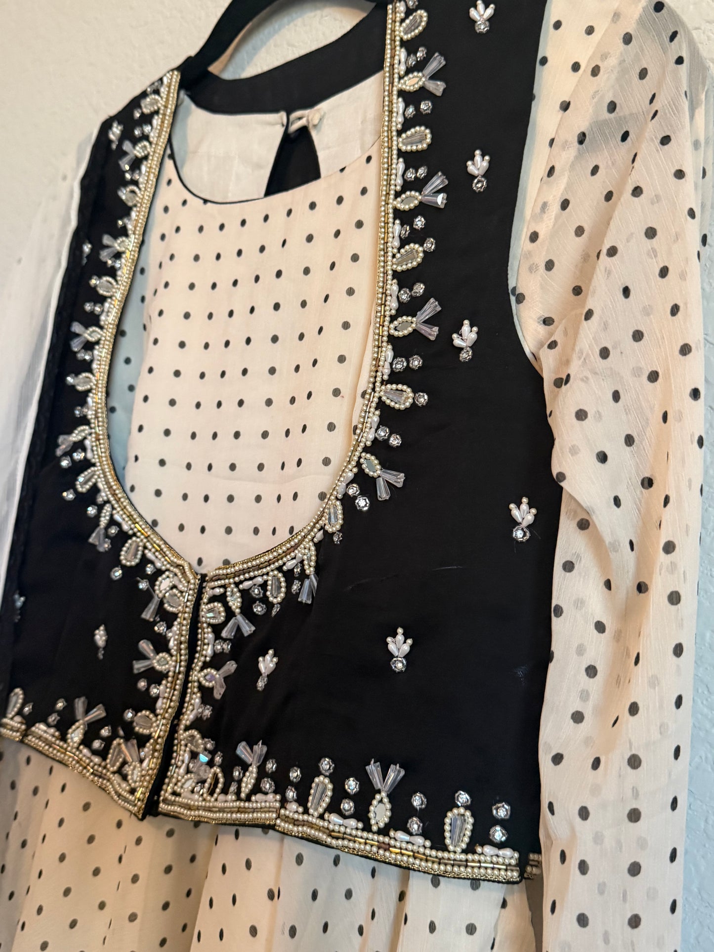 Half White Polka Dot Heavy Flared Georgette Full Sleeve Anarkali with Maggam Work Coat - Top + Dupatta