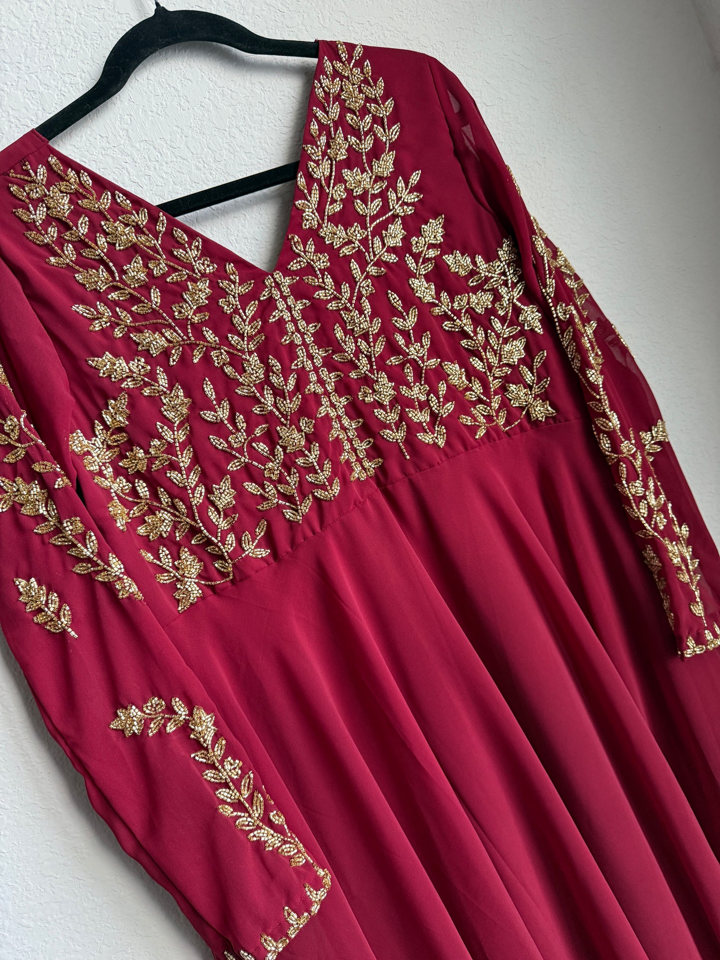 Maroon maggam work georgette heavy flare full sleeve anarkali tunic