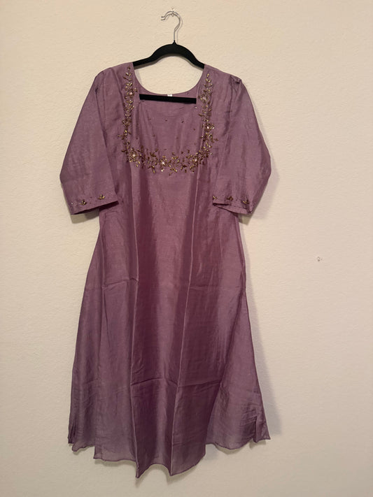Mauve Vichitra Silk A-line Handwork Festive Kurti