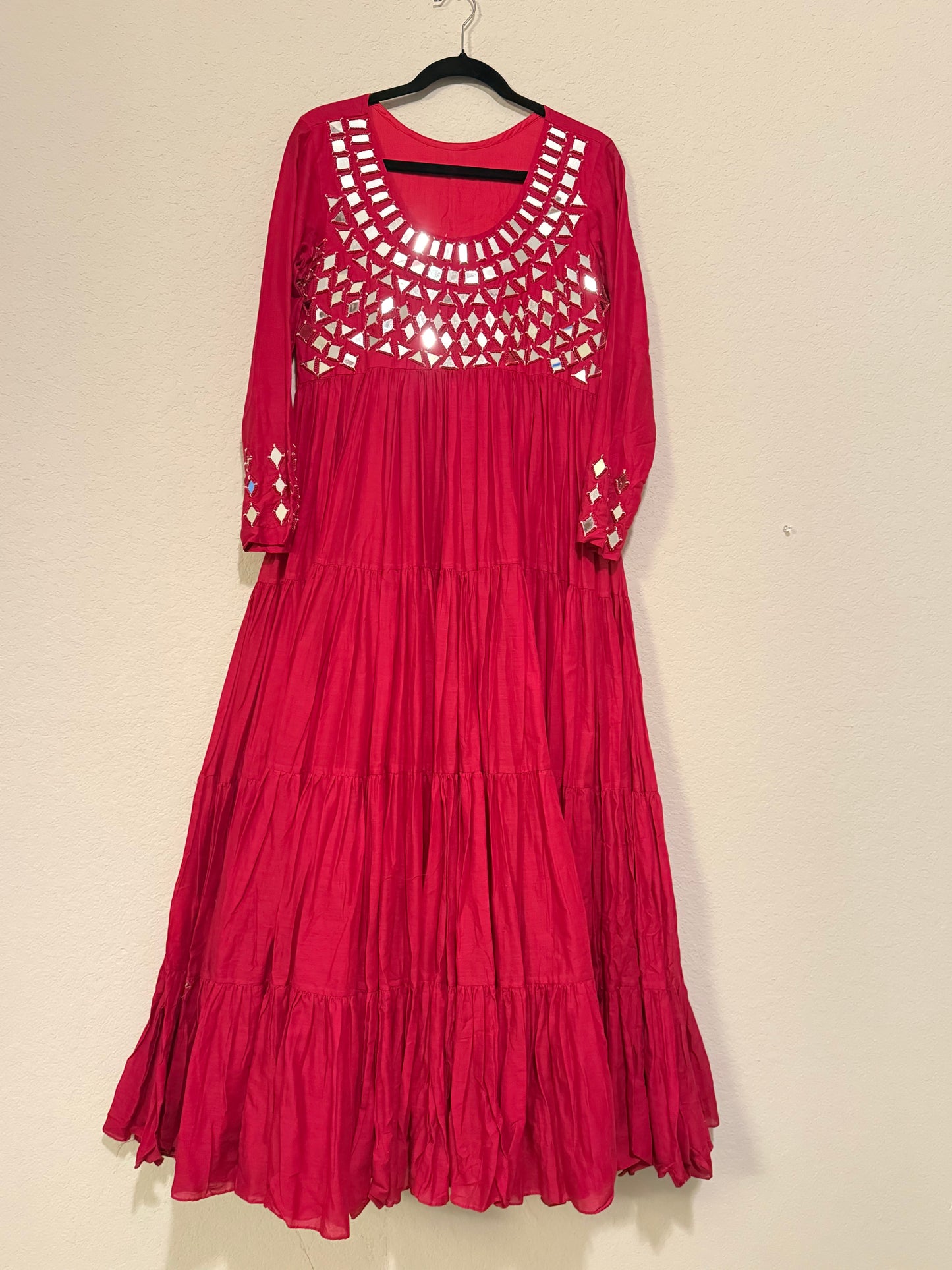 Pink Handwork Mirror Work Heavy Flared Anarkali Long Dress