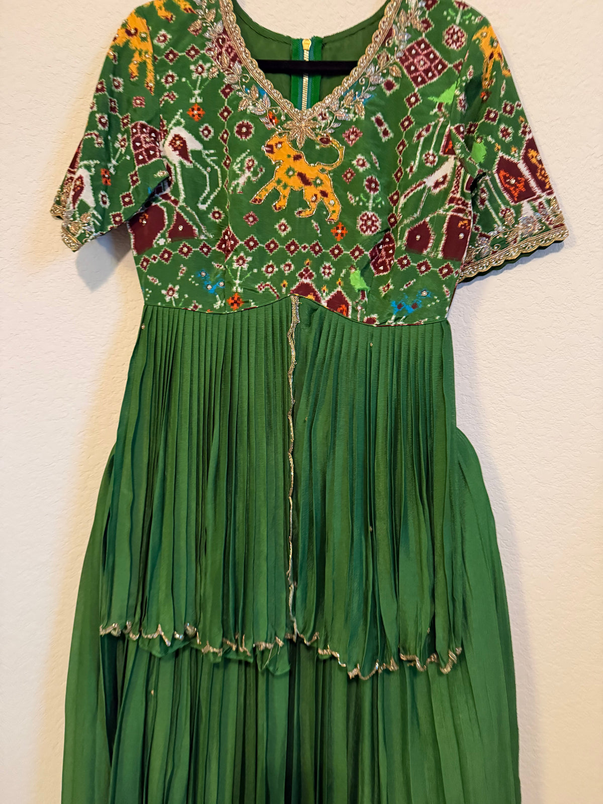 Green Pure Patola Peplum Top with Skirt Set
