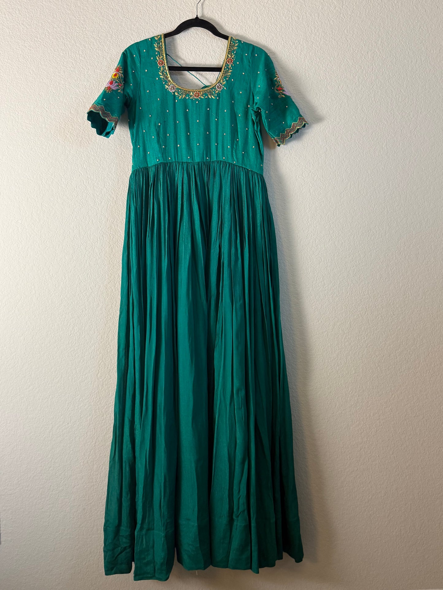 Green Georgette Maggam Work Long Dress