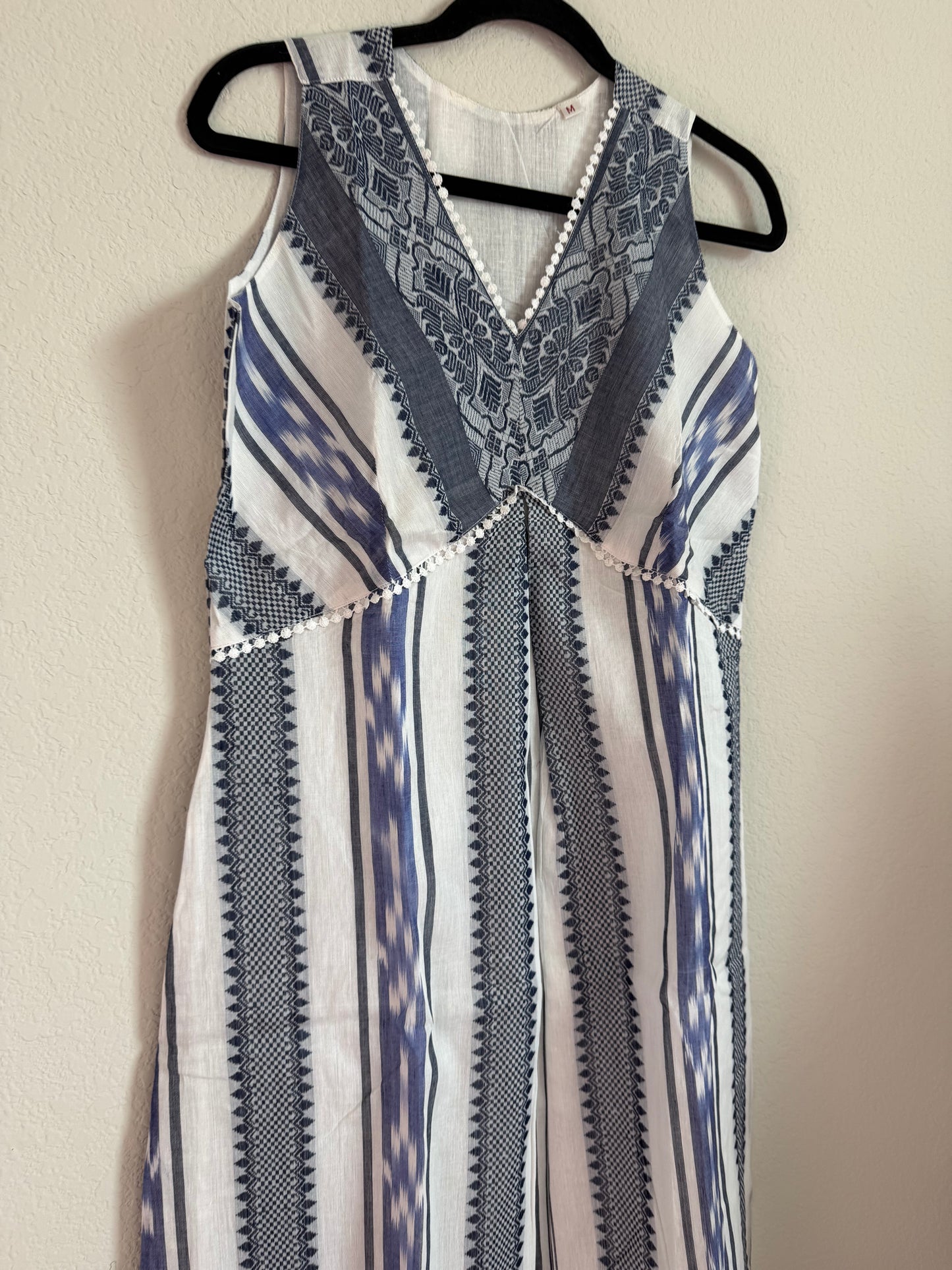 White and Blue Summer Cotton Ikkath Sleeveless Dress - Sleeves available inside