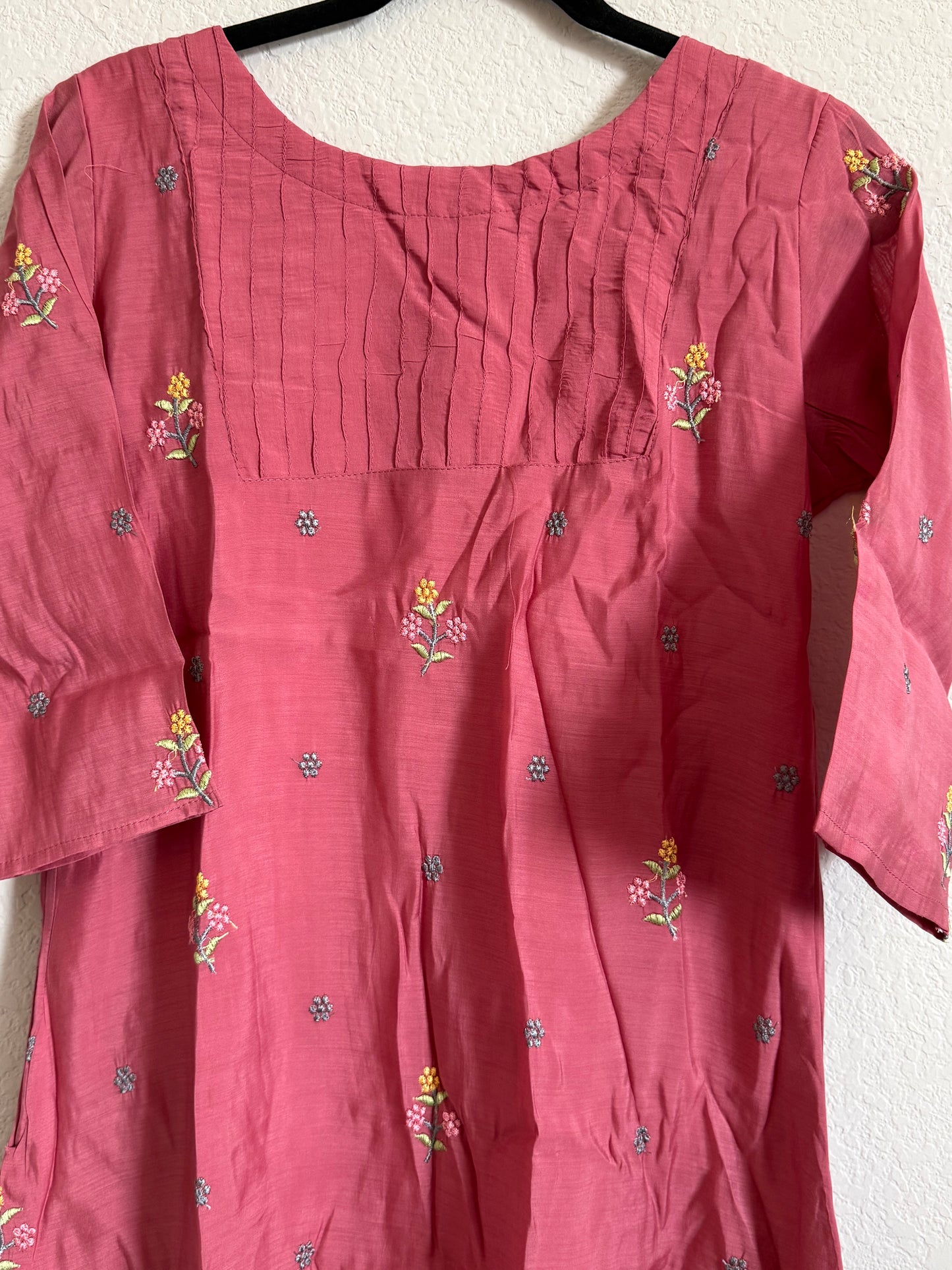 Peach Floral Embroidered Mul Chanderi A-line Kurti