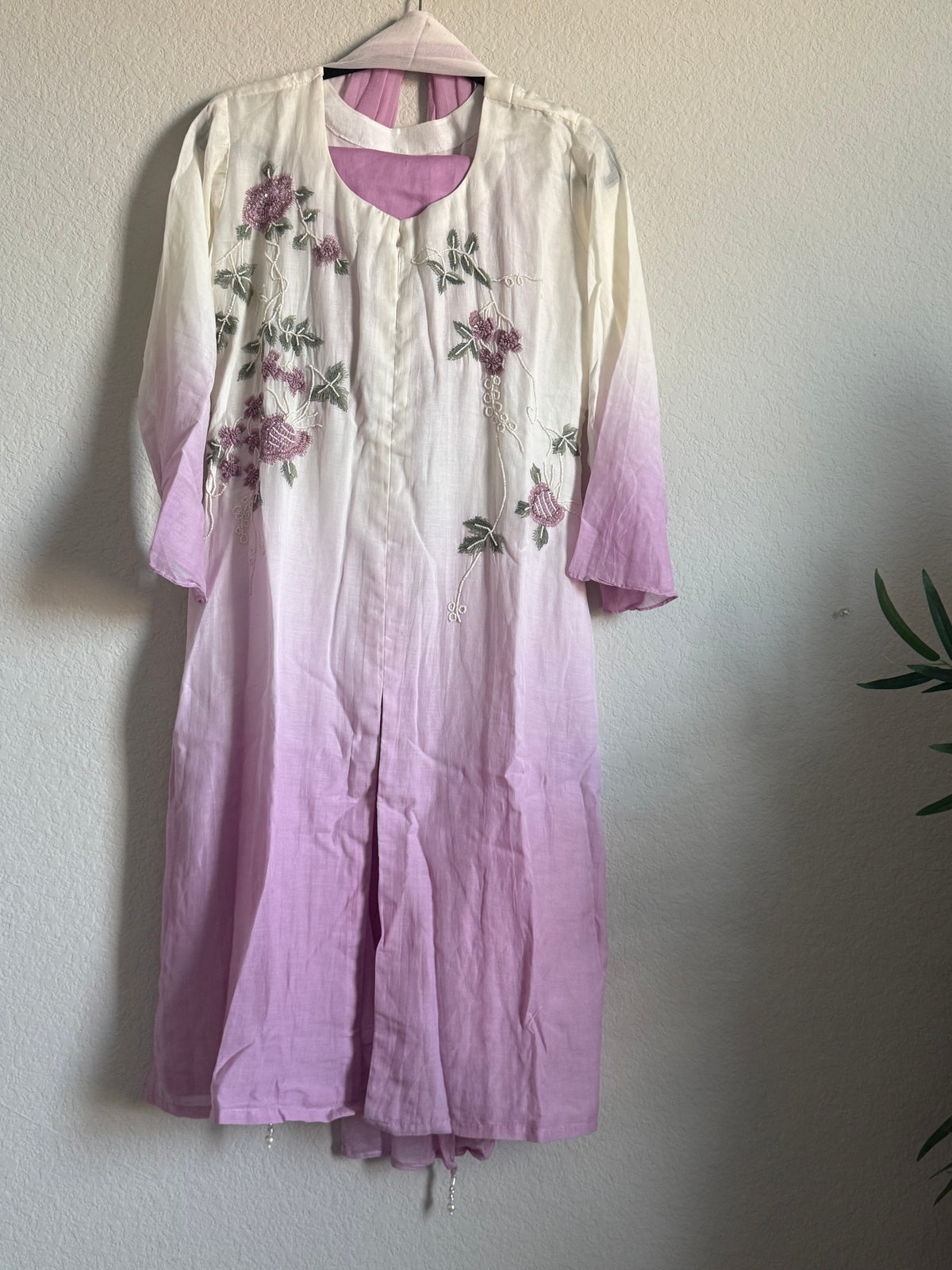 Half white and light pink mul chanderi handwork aline suit