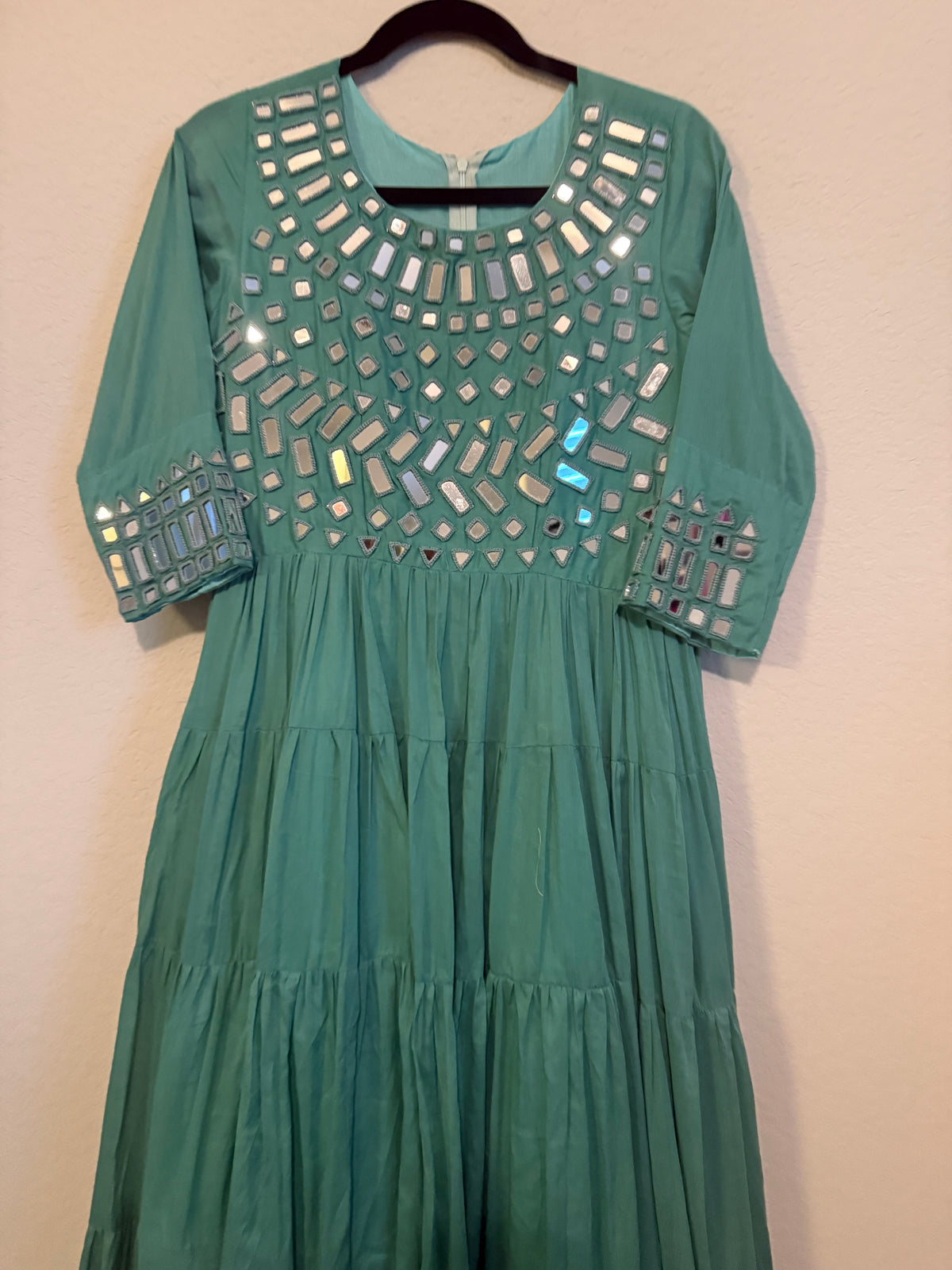 Teal Mirror Work Heavy Flared Anarkali Long Dress