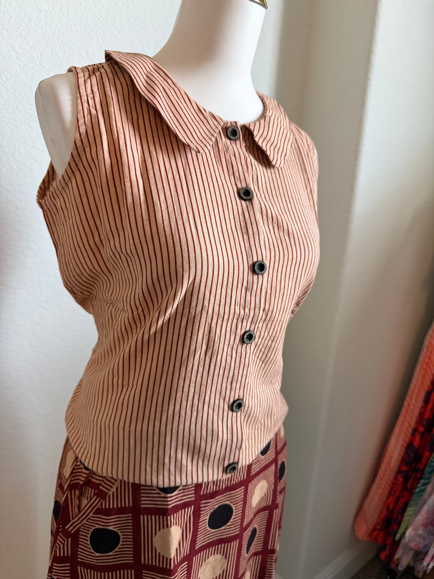 Maroon Stripes Cotton Top with Ajrakh Skirt