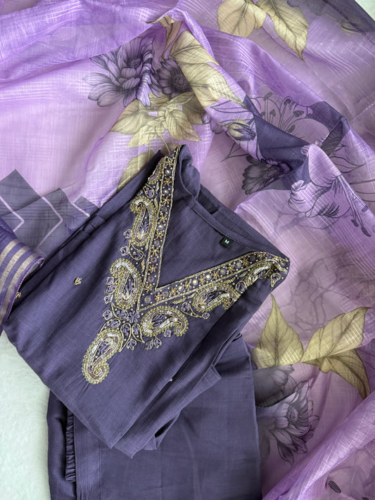 Purple shade vatican silk handwork anarkali kurti set with floral dupatta