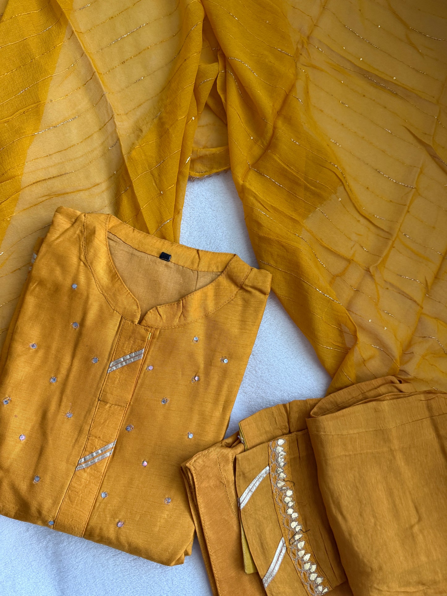 Beautiful dola silk mirror work yellow kurti set