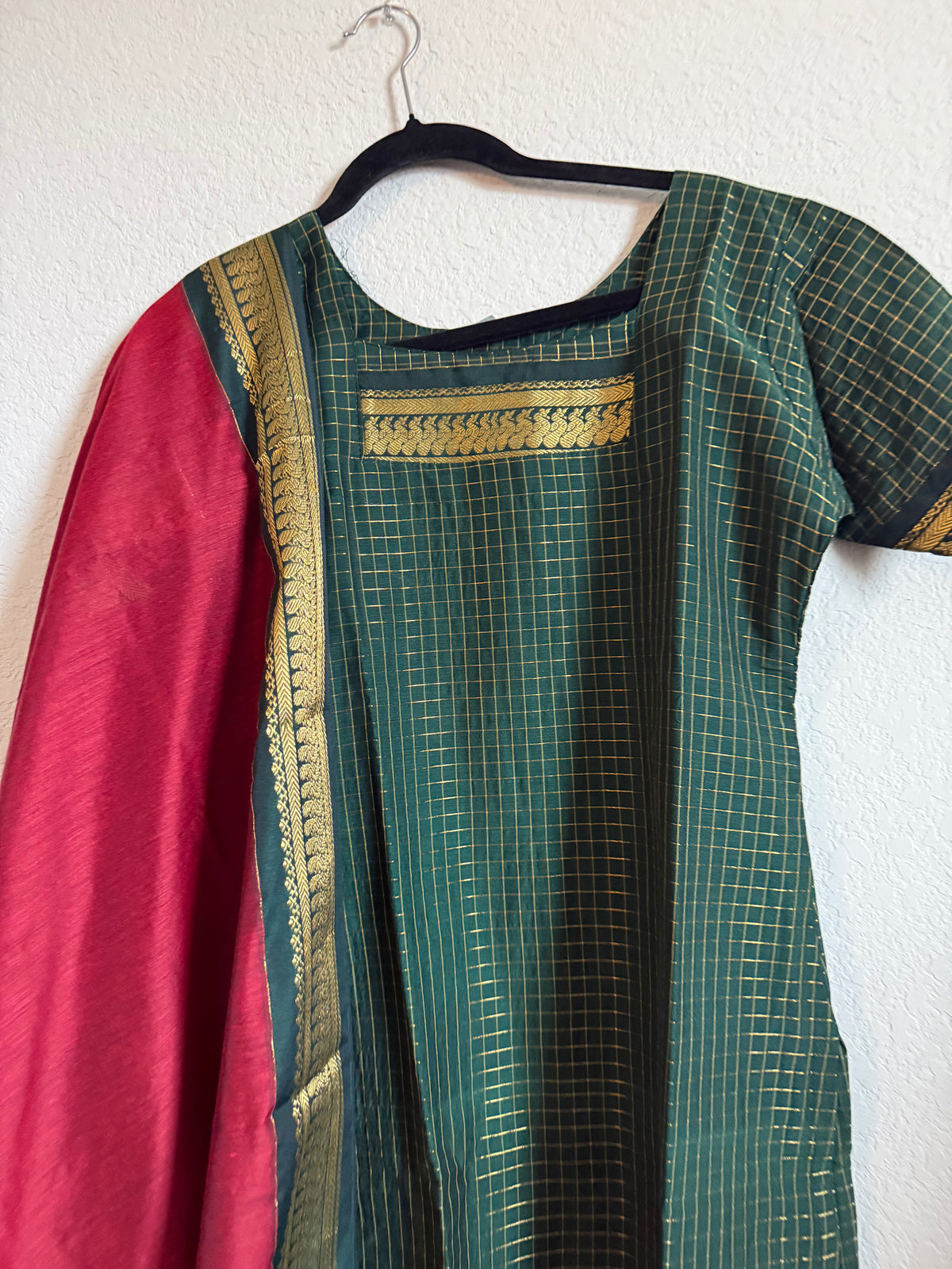 Green with Maroon Handloom Checks Top and Dupatta Set