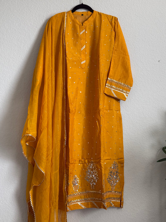 Beautiful dola silk mirror work yellow kurti set