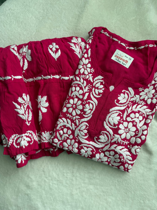 Pink Rayon Chikankari Gharara Set - Top with Gharara Pant