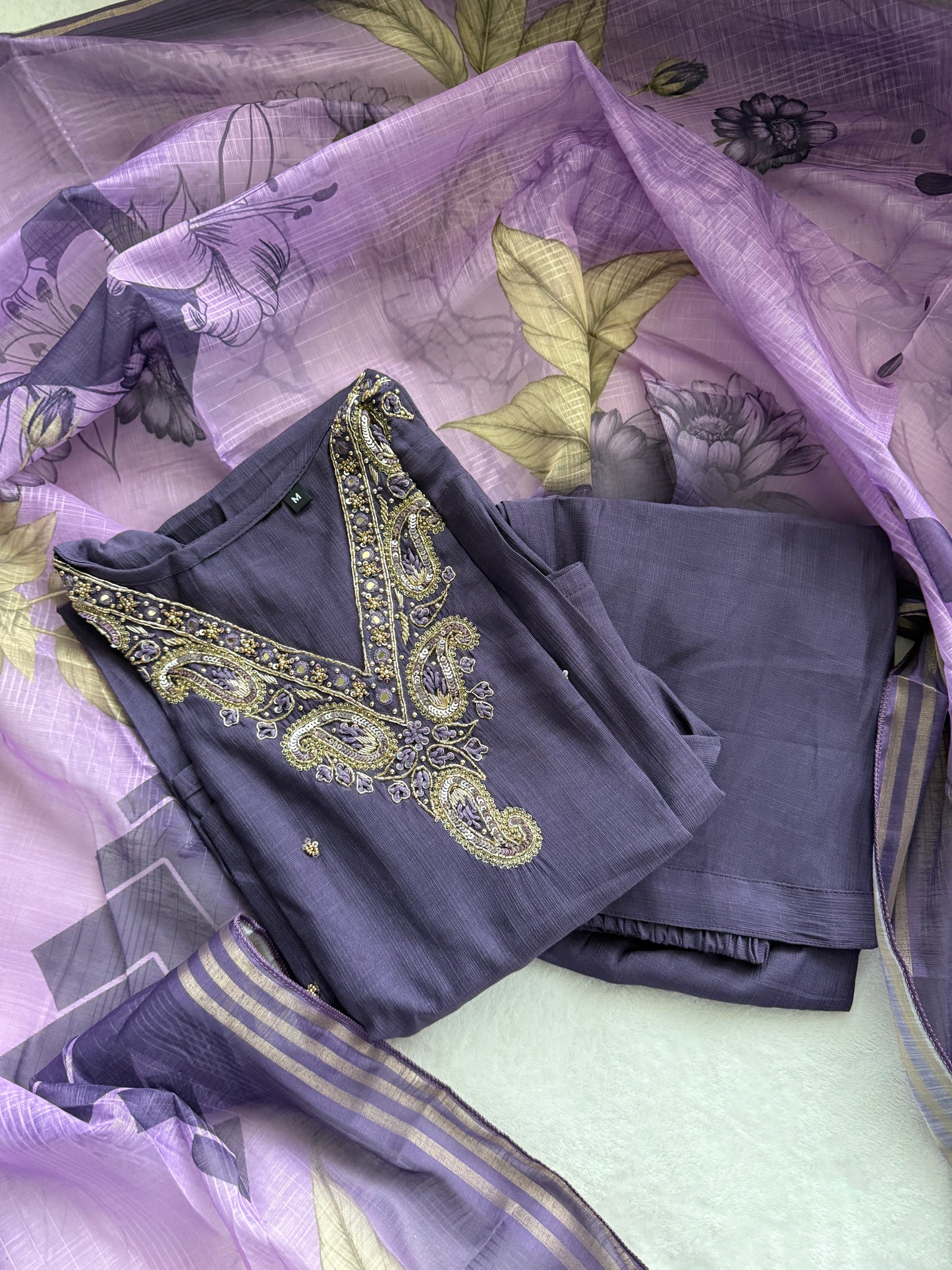 Purple shade vatican silk handwork anarkali kurti set with floral dupatta