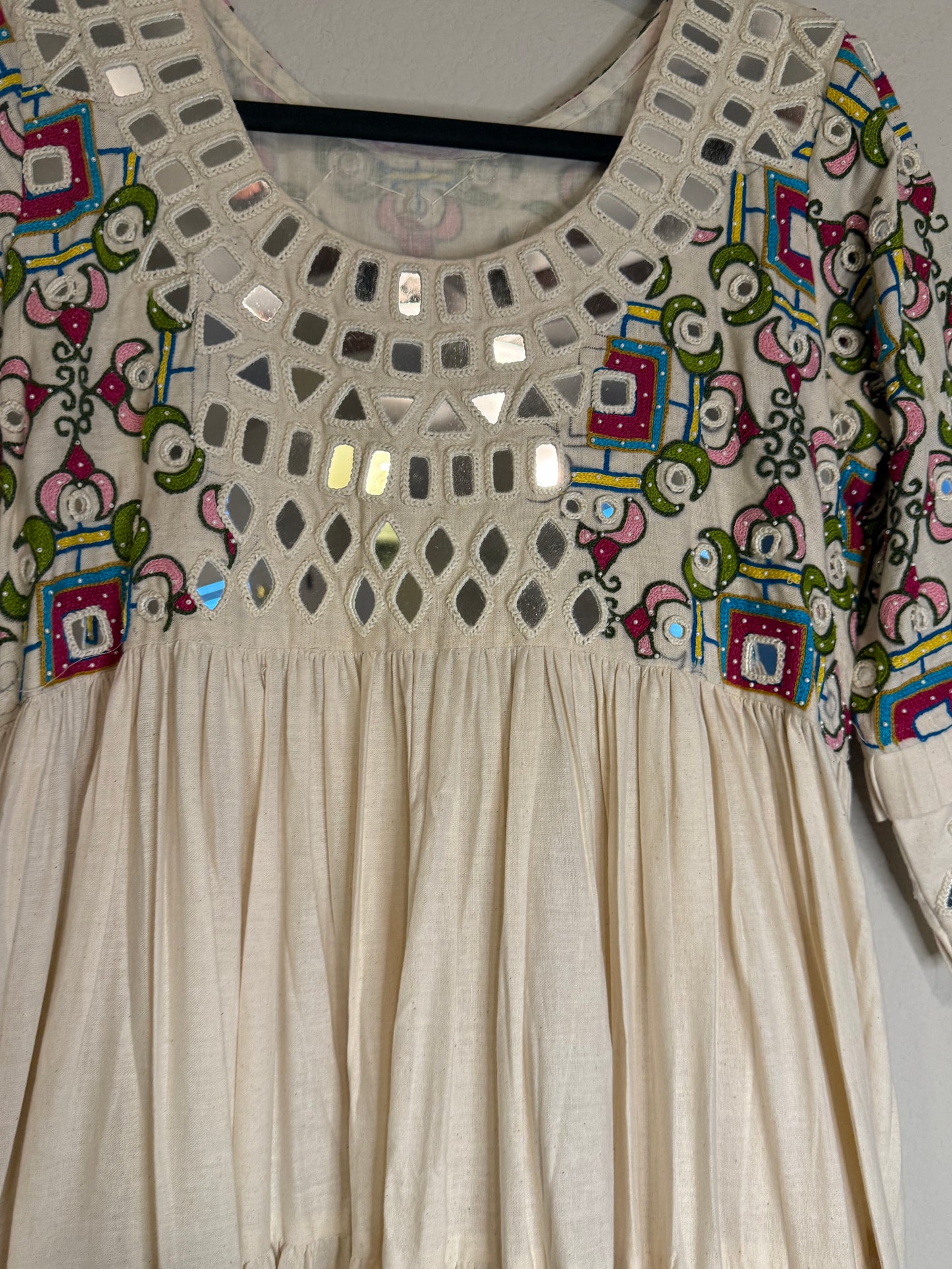 White Handwork Mirror Work Heavy Flared Anarkali Long Dress
