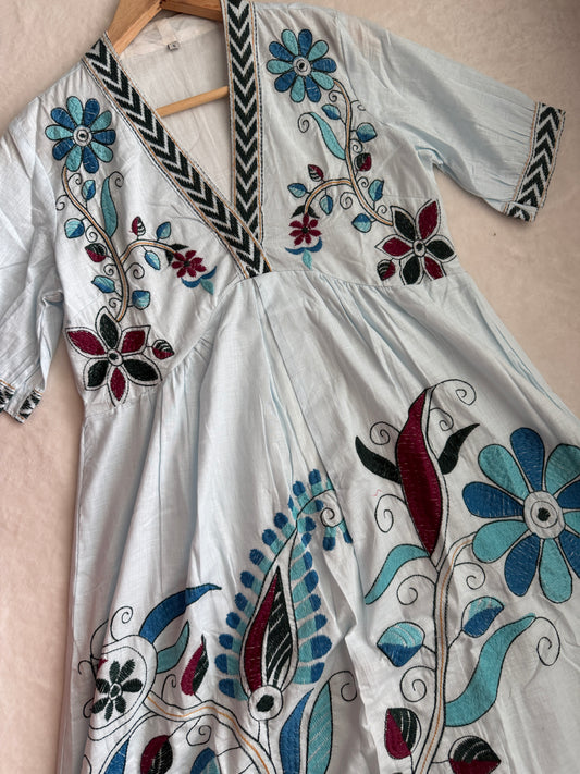 Light Blue Floral Embroidered Tunic Dress – Cotton Midi Dress