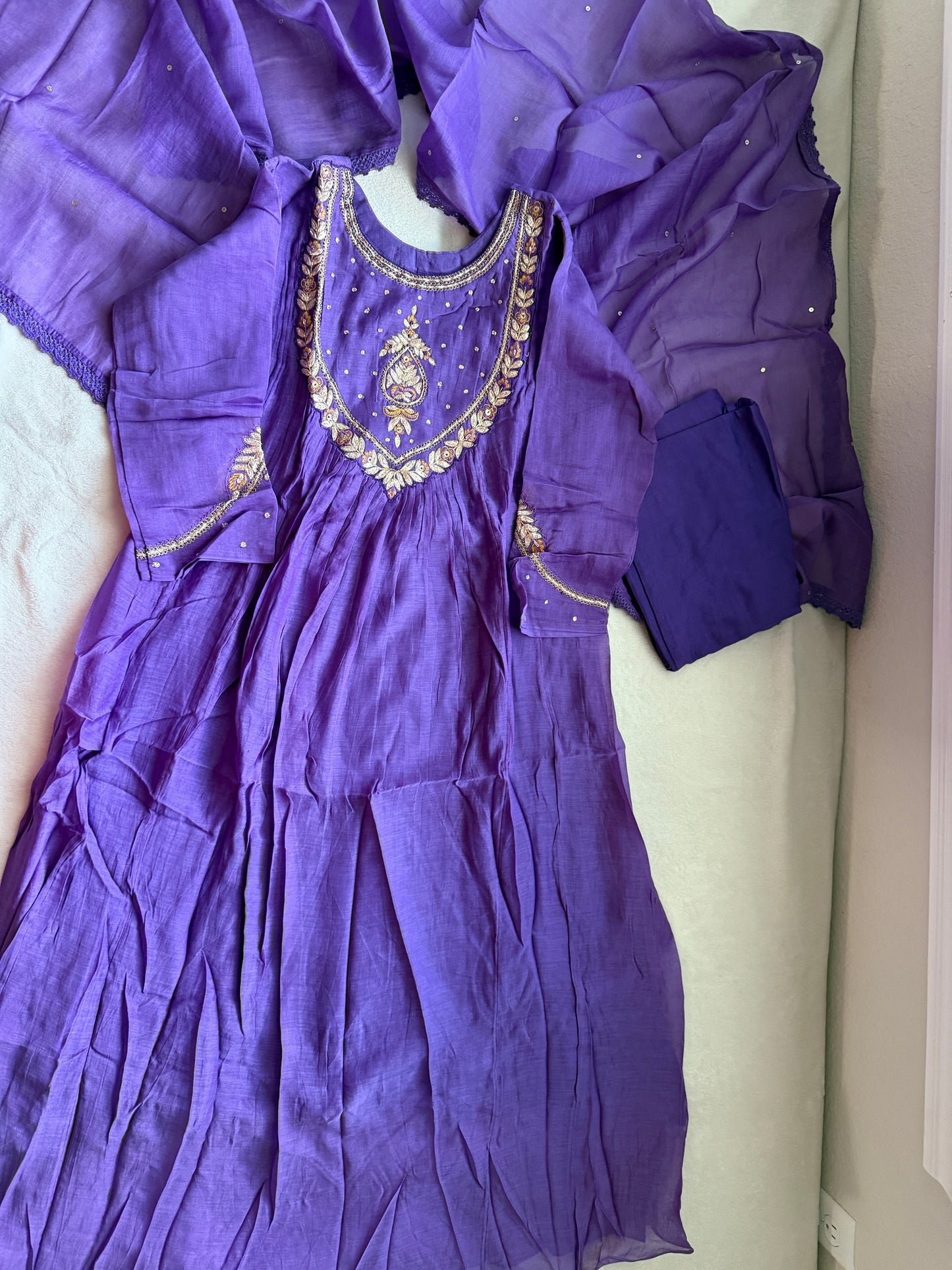Purple mul chanderi designer A-line kurti set