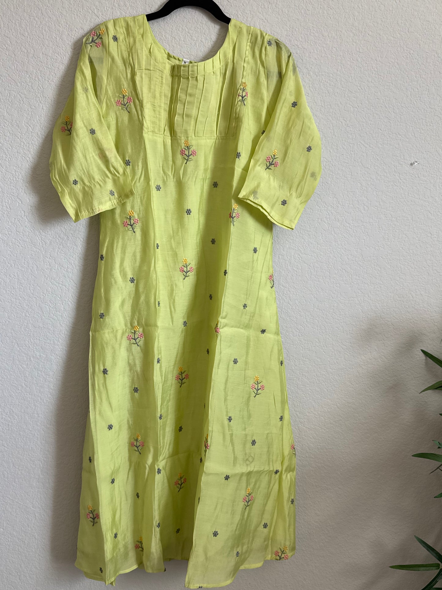 Green Floral Embroidered Mul Chanderi A-line Kurti