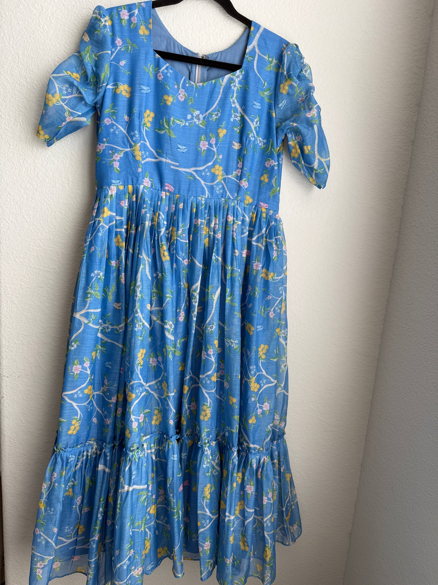 Blue floral mul chanderi midi dress